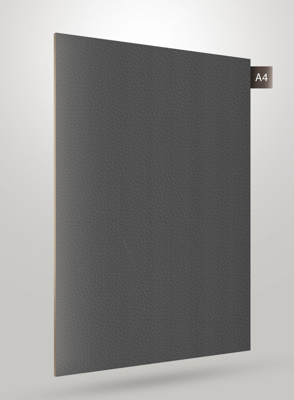 Grey matte decorative laminate with textured finish and leather-like pattern, shown on a light grey background with A4 label.