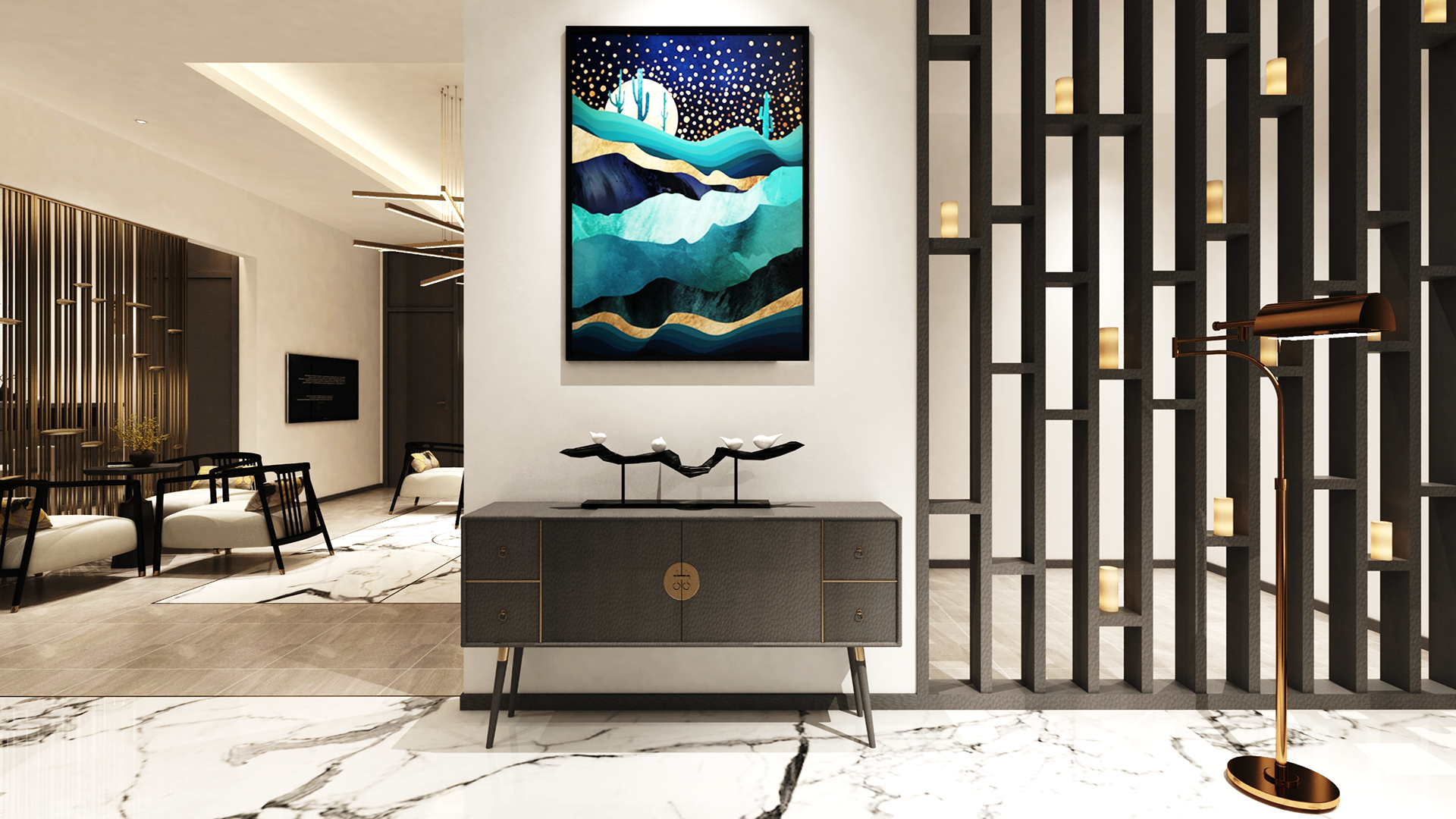 Matte grey laminate in modern living room with marble floor and decorative wall art and furniture.