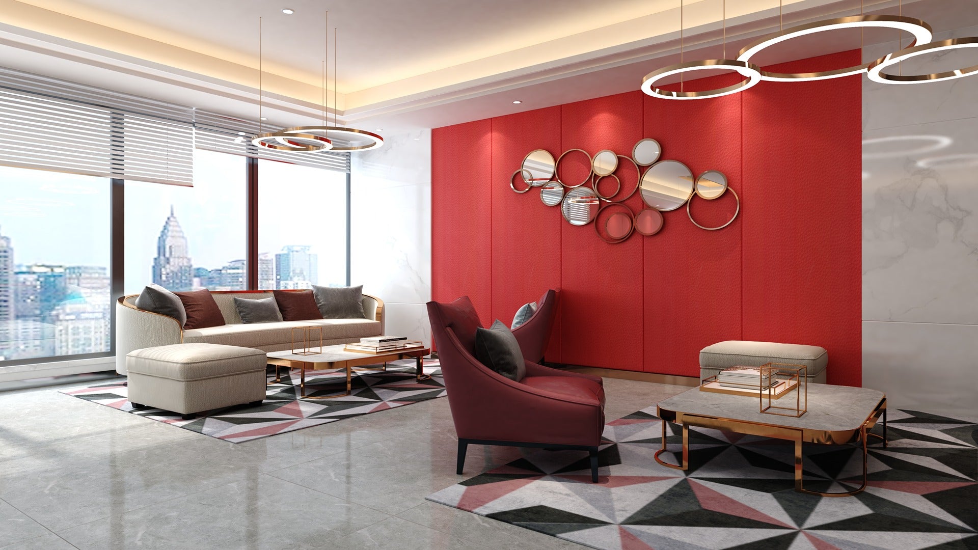 Red matte laminate wall panel in modern living room with minimalist decor and city view through large window.