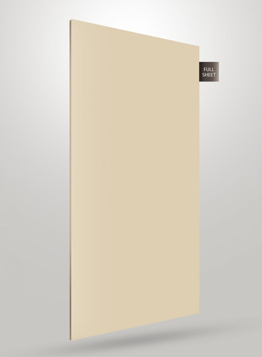 Beige solid color laminate sheet with matte finish, labeled full sheet, displayed on a gray gradient background.