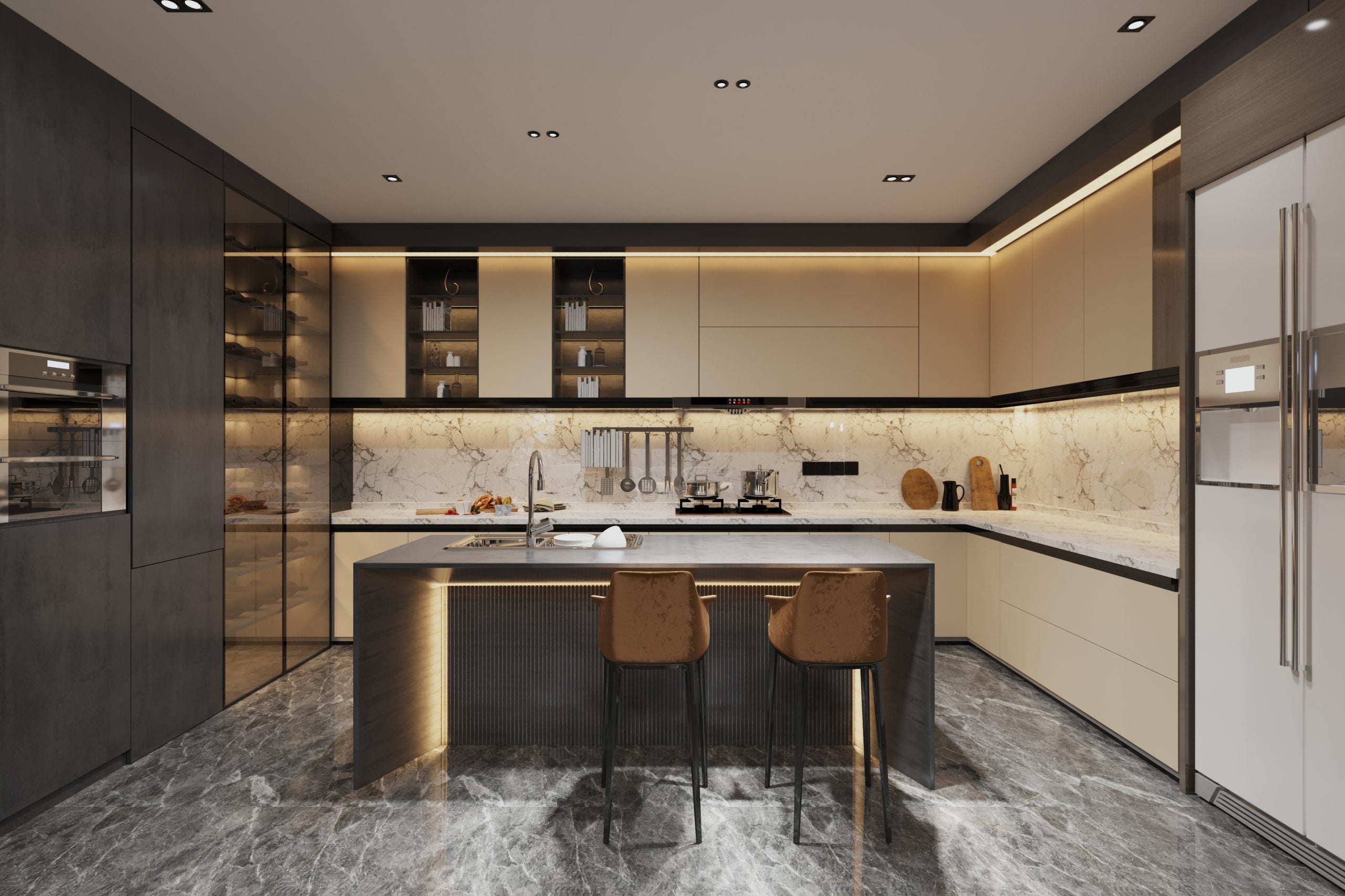 Beige matte laminate kitchen cabinets and shelves in modern interior design with marble countertops and gray flooring