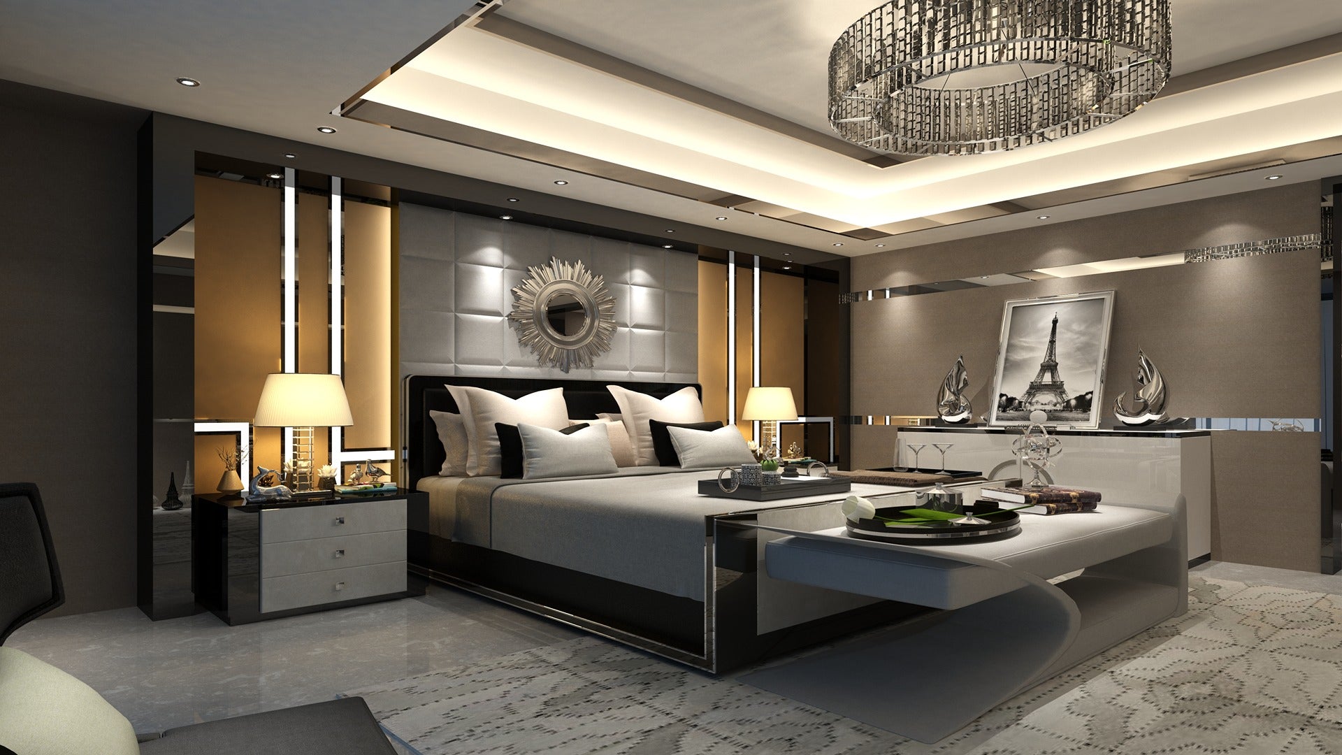 Beige matte laminate used on bedroom furniture and wall panels in modern interior design setting with luxurious decor.