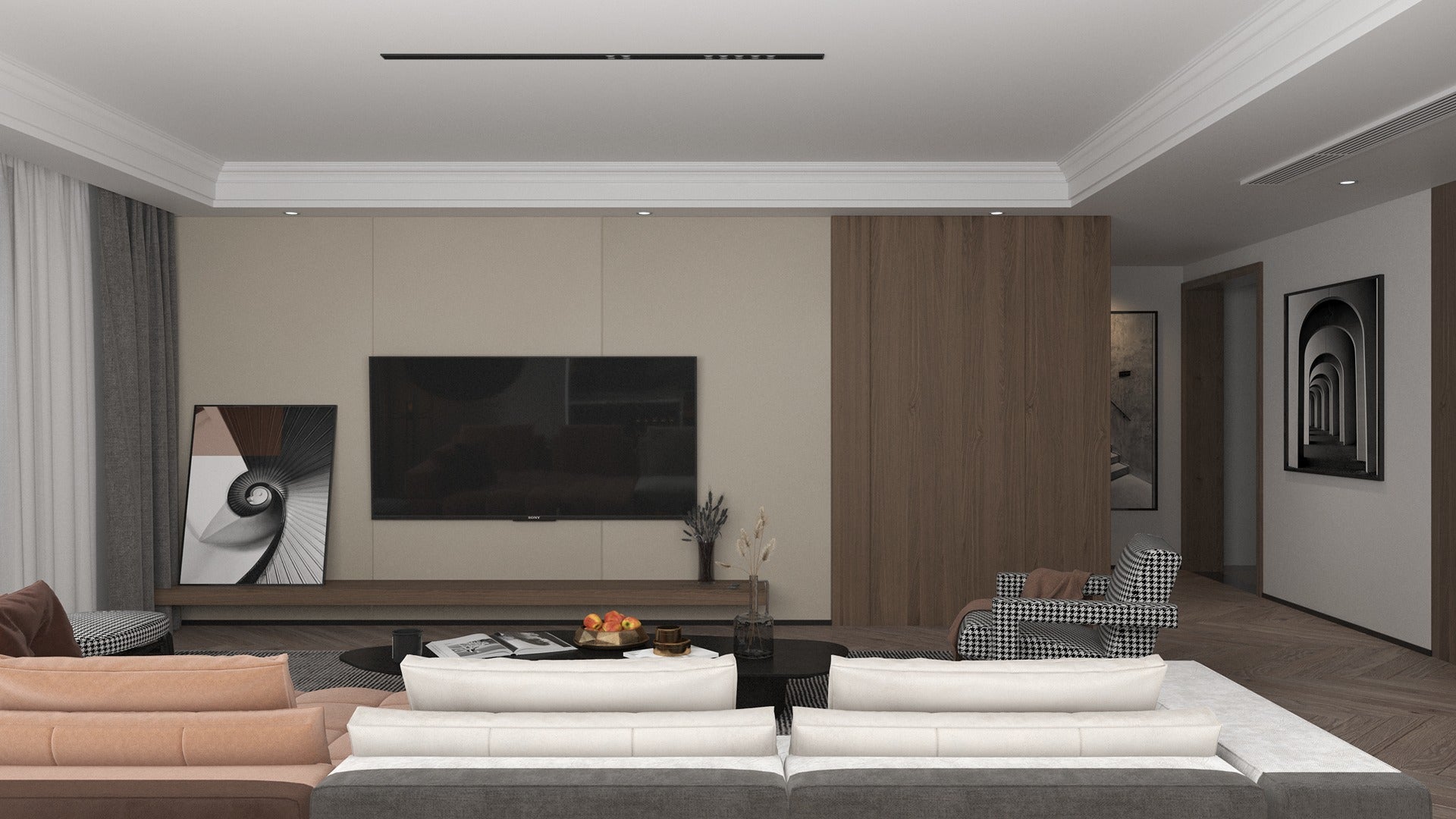 Beige leather laminate wall panel with matte finish in modern living room interior with furniture and decor accents