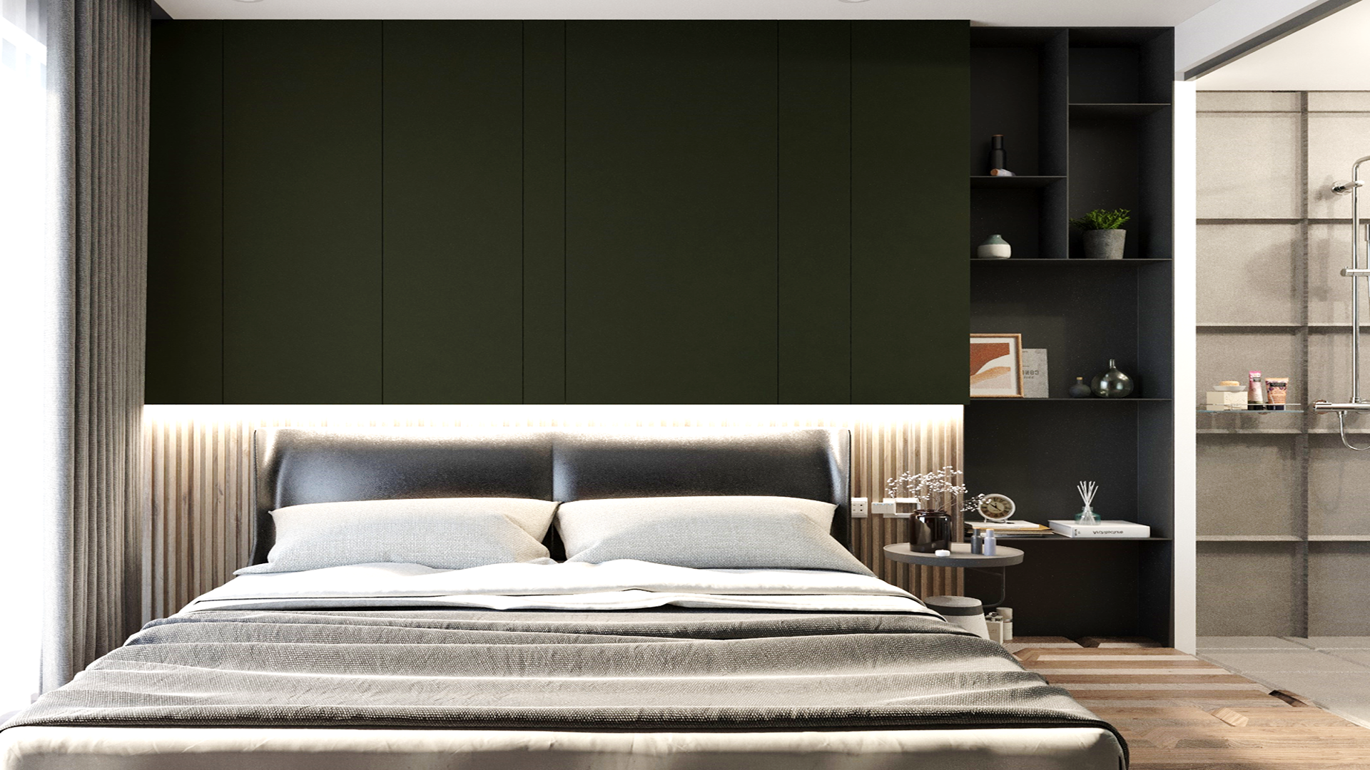 Dark green matte laminate wall behind a bed in a modern bedroom with shelving unit and minimalist decor