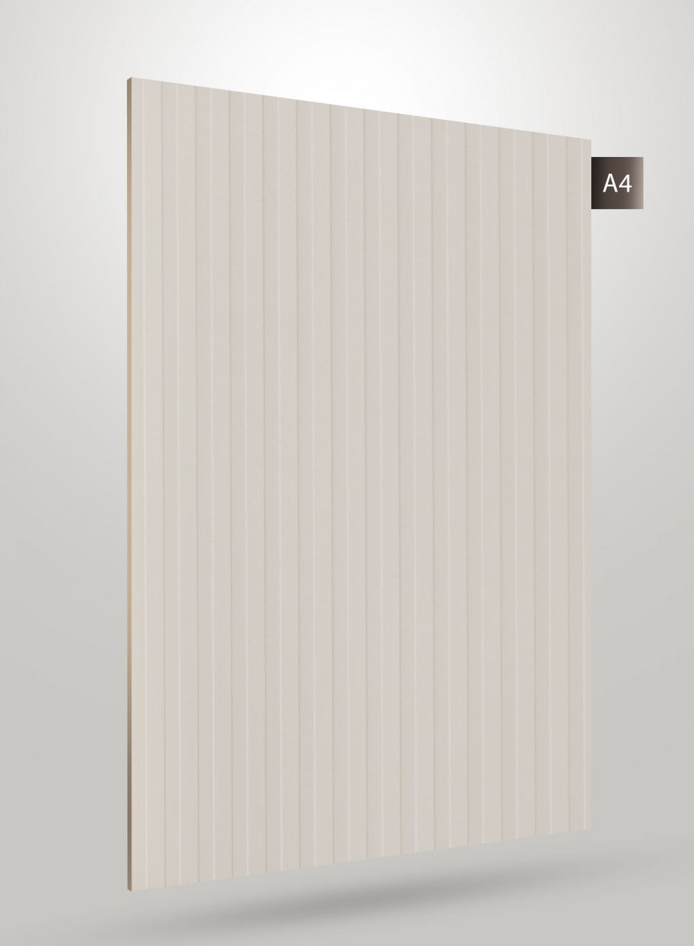 Beige fluted laminate with matte finish and vertical ridges, decorative interior material sample with code label A4.