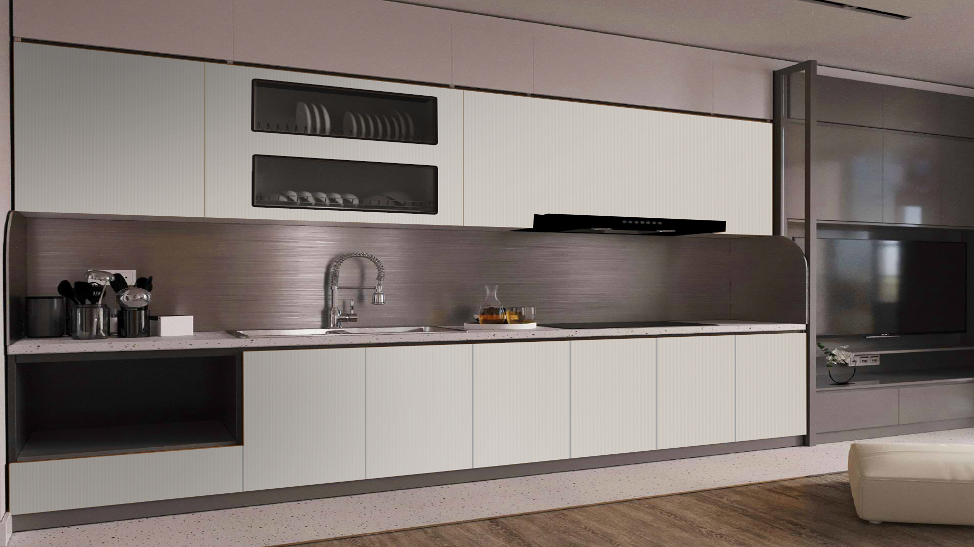 Beige fluted laminate kitchen cabinets with matte finish and vertical texture, showcasing a modern interior design.