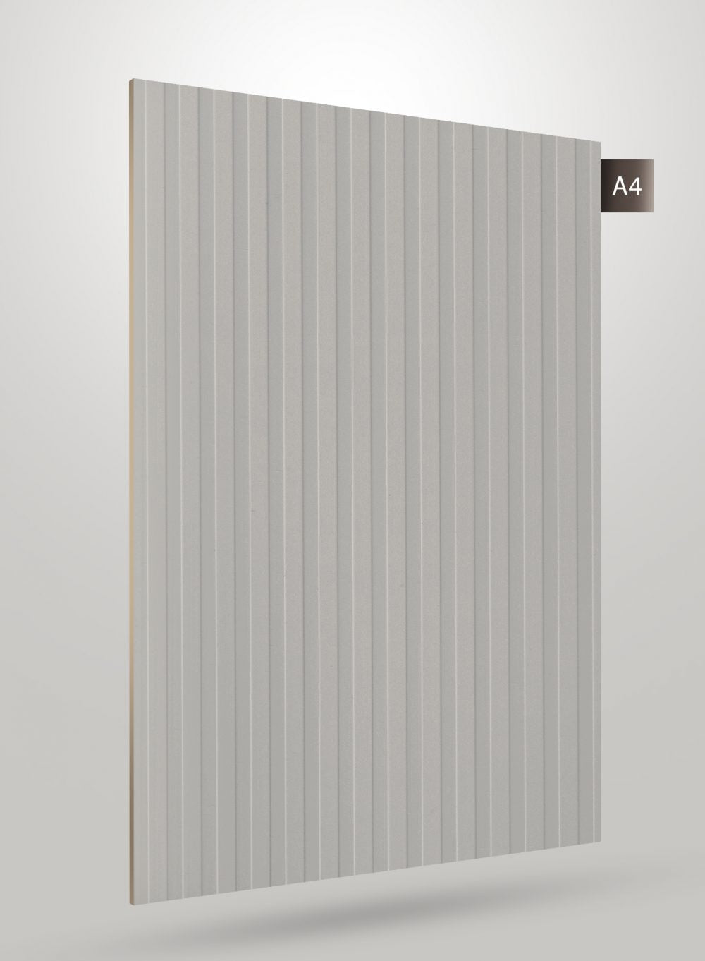 Grey fluted laminate with matte finish and vertical grooves, decorative interior material sheet.