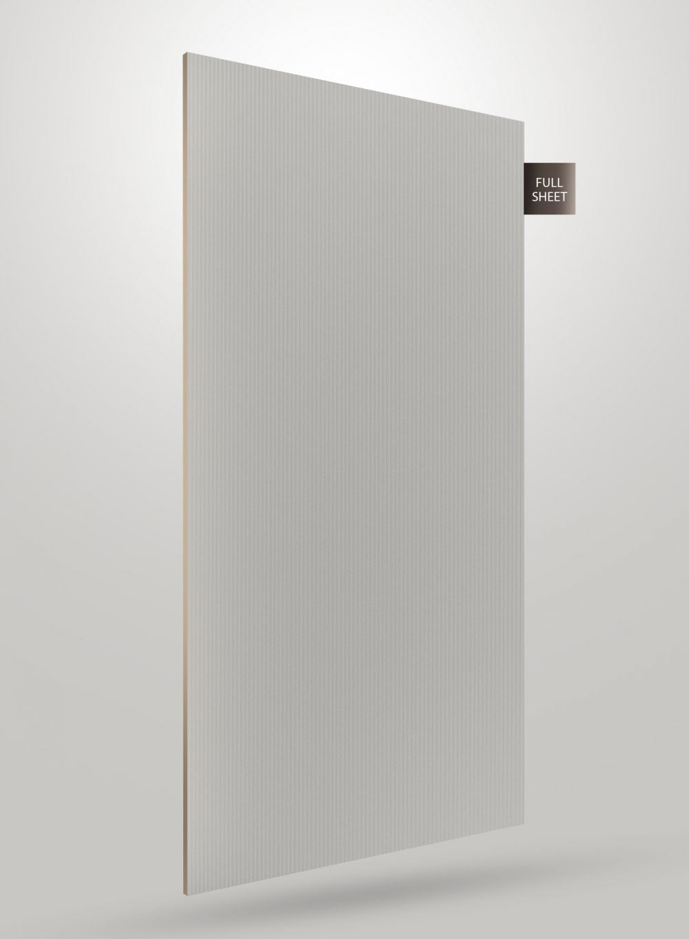 Grey fluted laminate sheet with matte finish and vertical ridges, showing full sheet and thin edge profile.