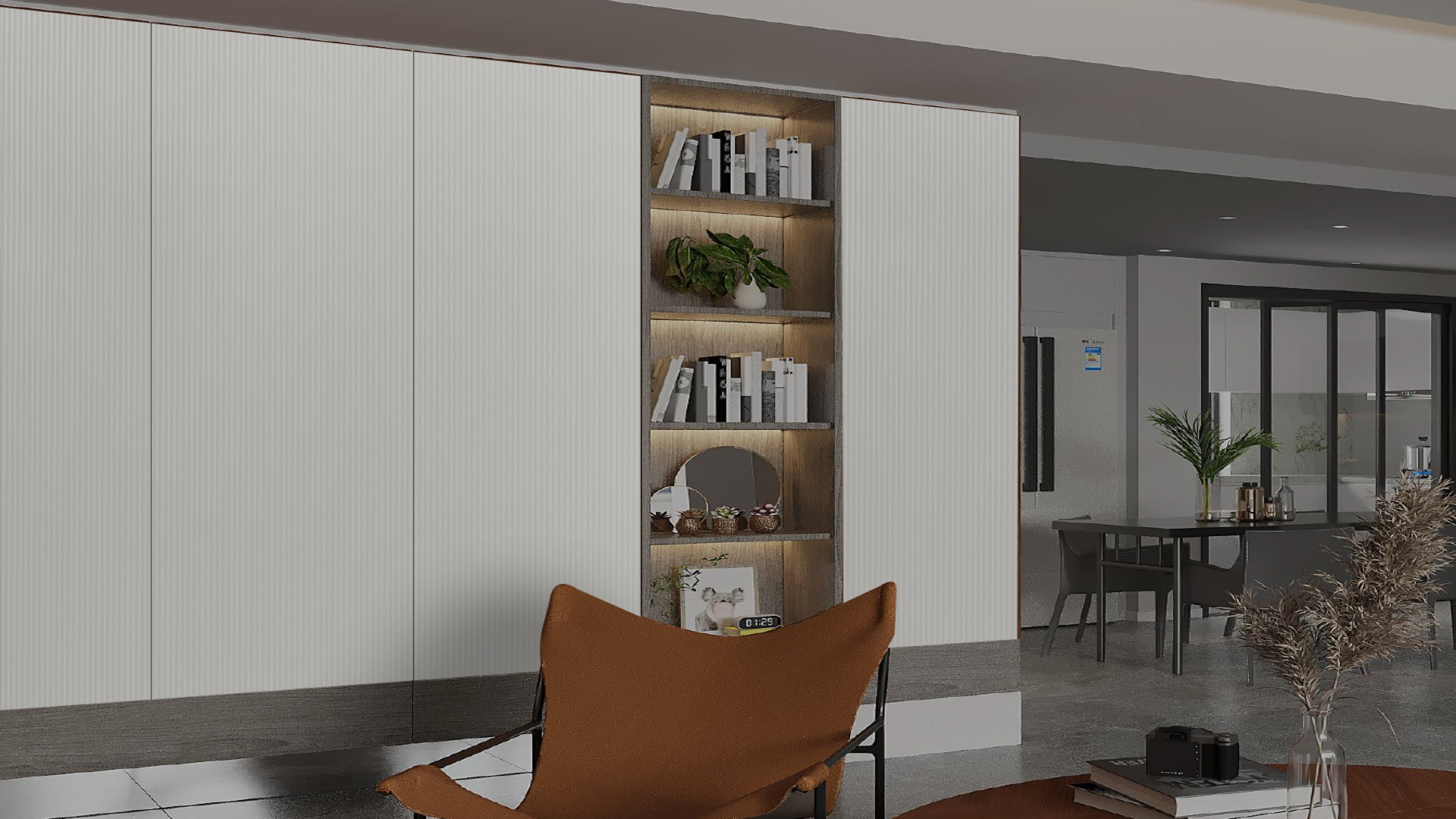 Grey fluted laminate wall with matte finish used in modern room with built-in shelving and minimalist decor.