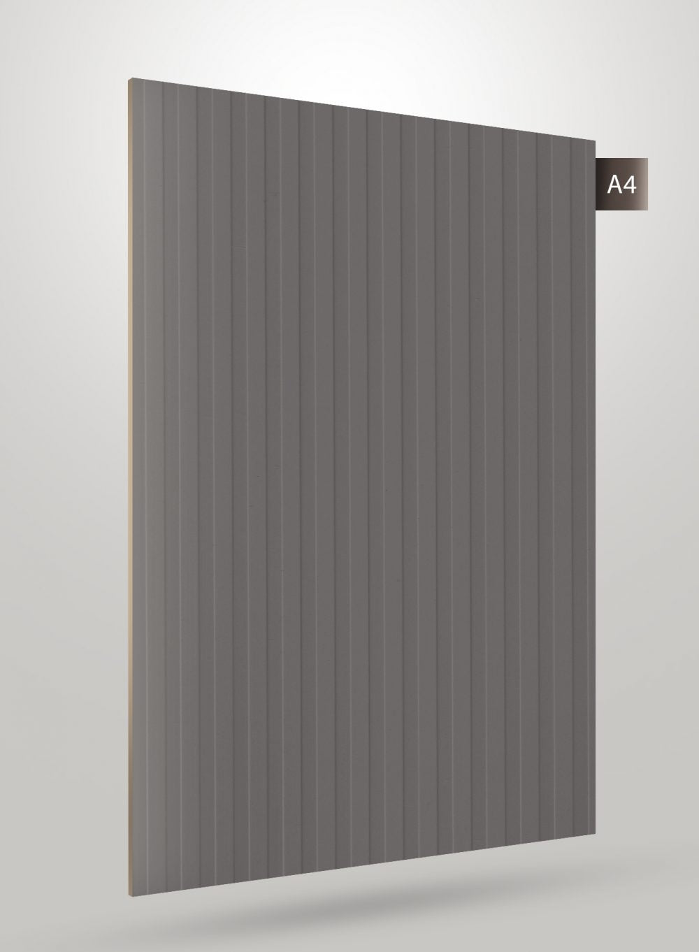 Grey matte fluted laminate with vertical grooves and subtle texture, showcasing a decorative pattern on a flat surface.