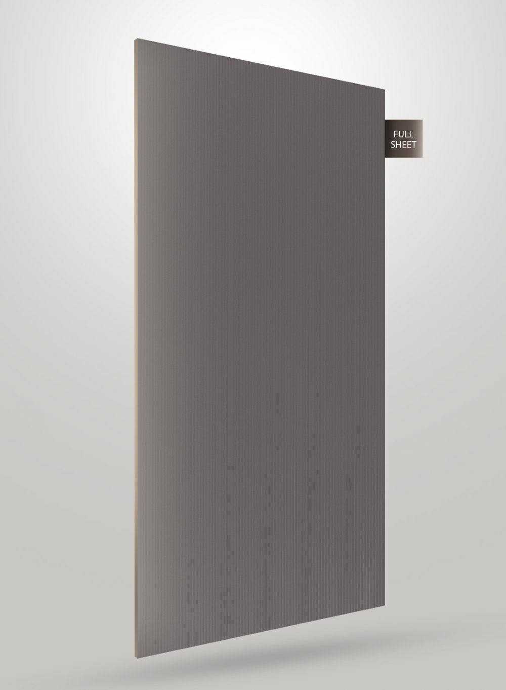 Grey fluted laminate sheet with matte finish and vertical texture, displayed as full sheet with subtle edge detail.