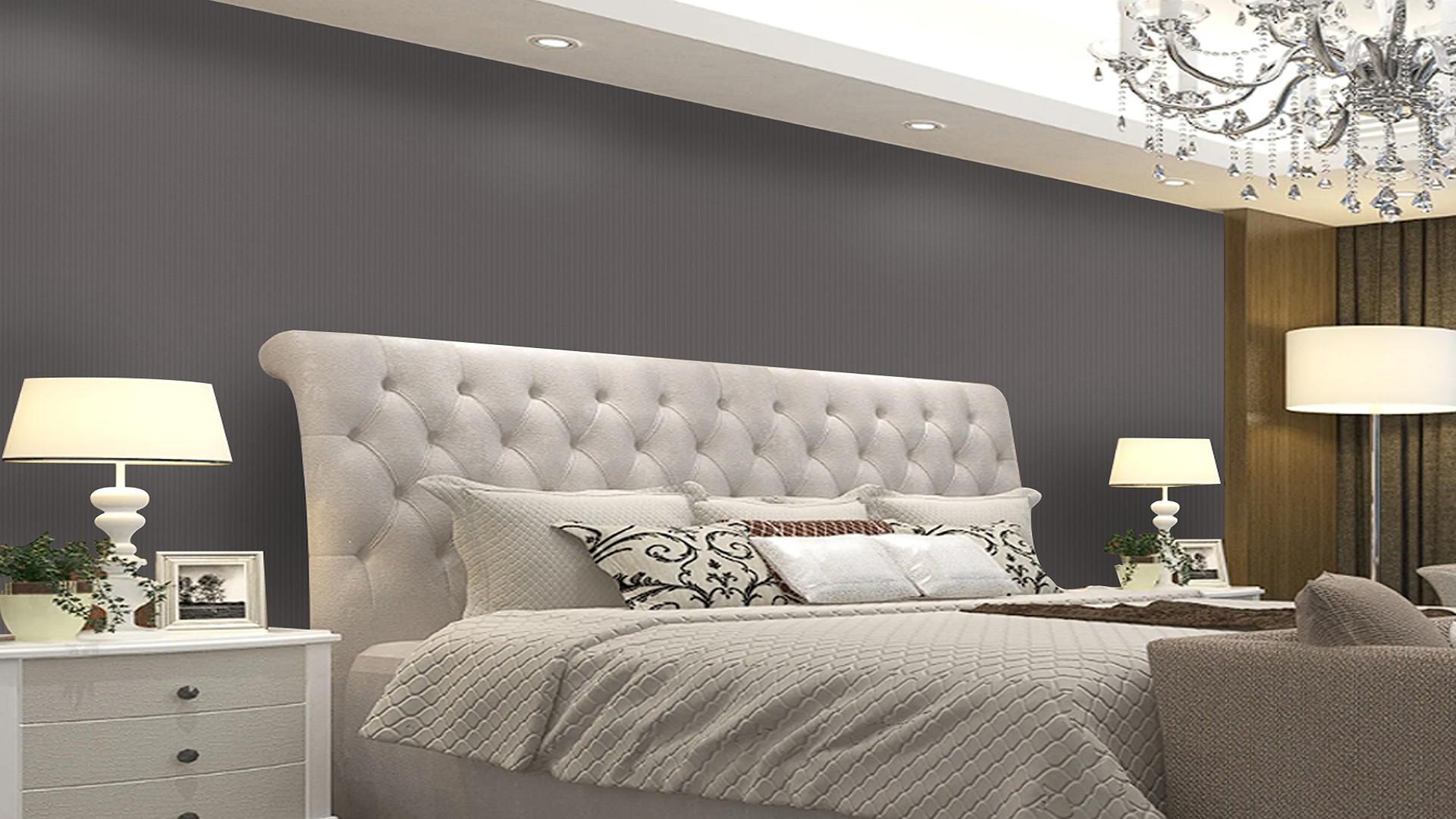 Grey fluted laminate wall with matte finish in a modern bedroom setting with tufted headboard and decorative lighting.