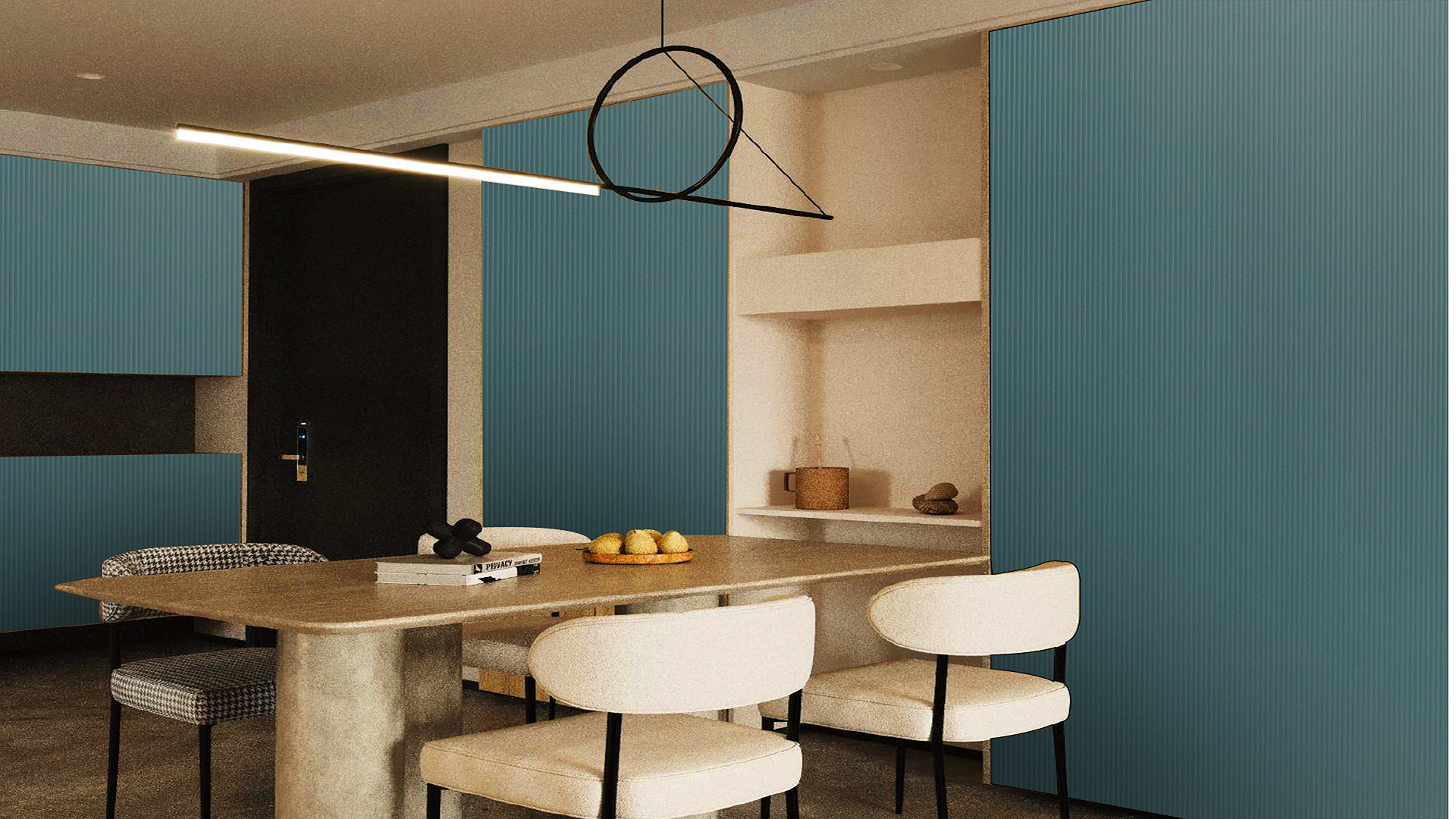 Green fluted laminate wall panels with matte finish in a modern dining room setting with minimalist decor and furniture.