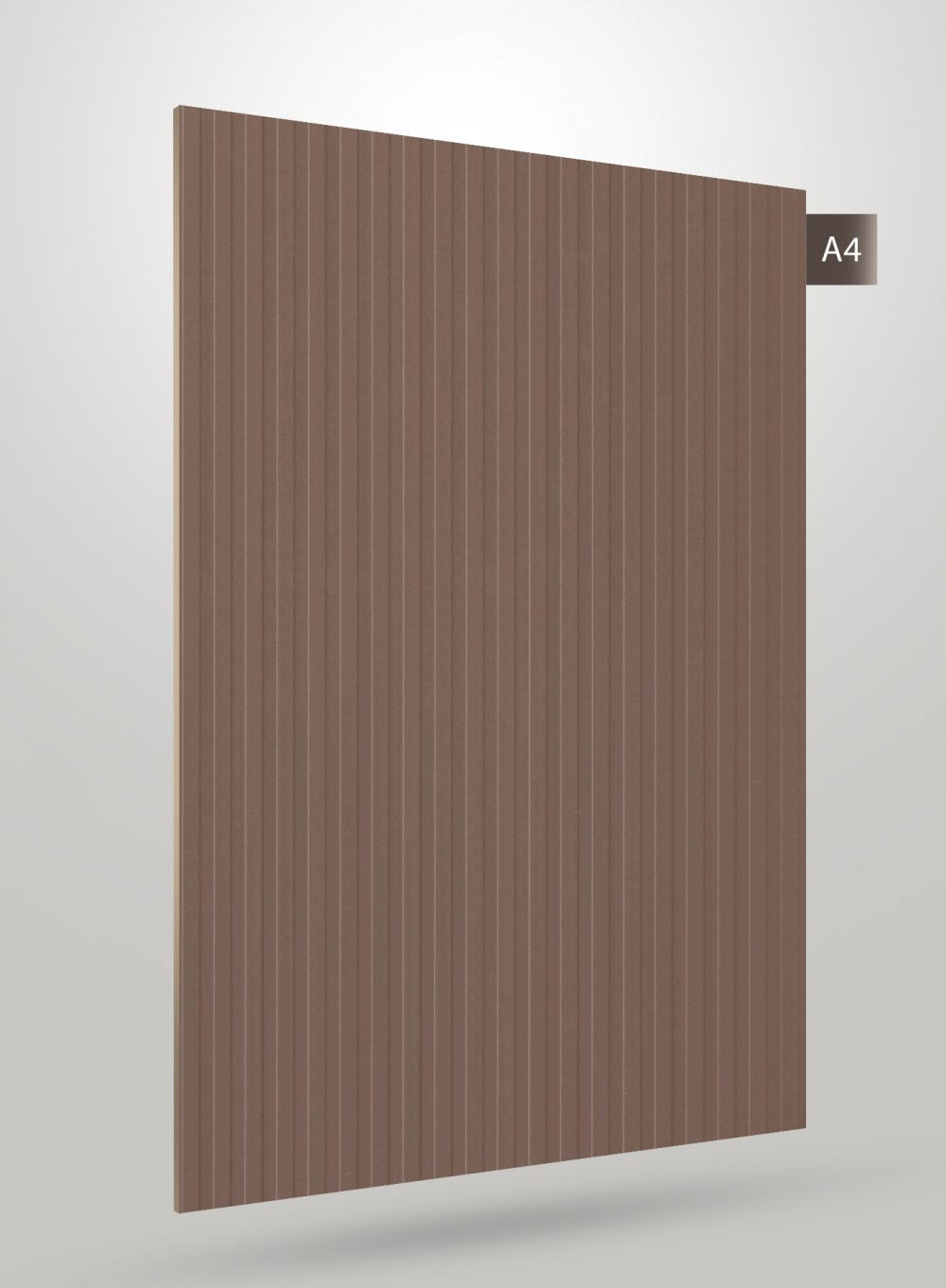 Brown matte fluted laminate sheet with vertical ridges and subtle texture, showcasing decorative pattern for interior design