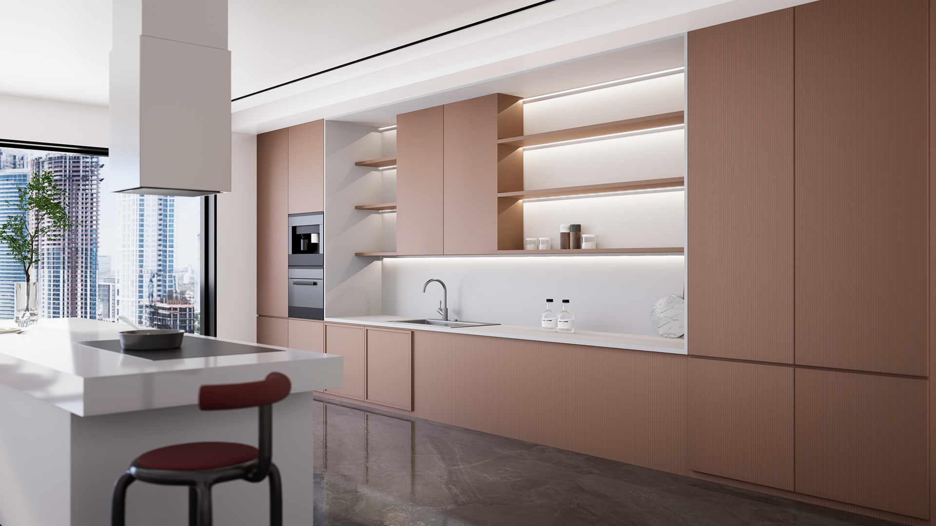 Brown fluted laminate kitchen cabinets with matte finish and vertical texture, used in modern kitchen interior design.