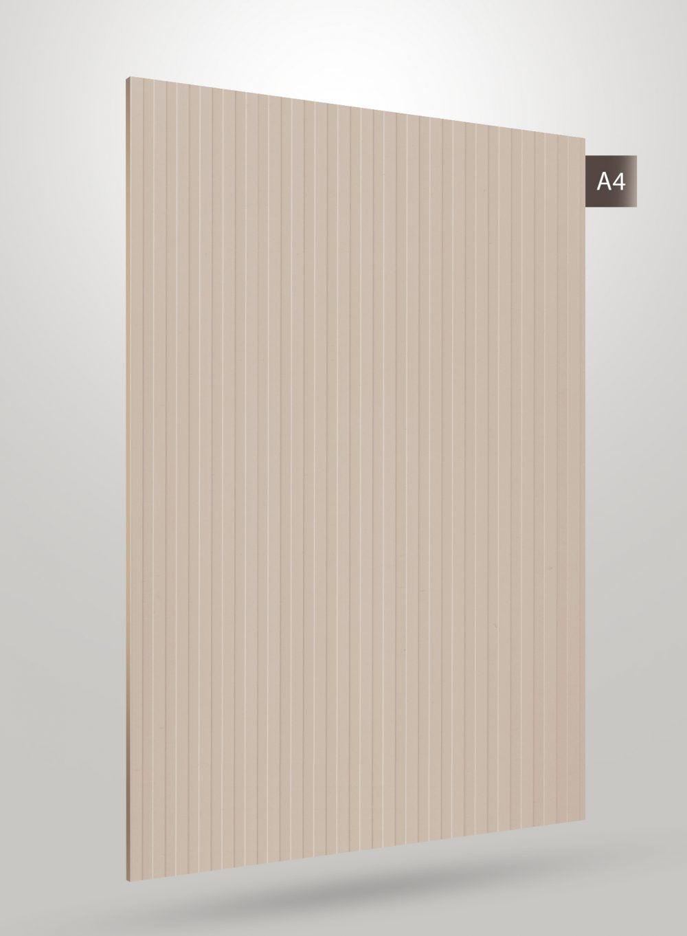 Beige fluted laminate with matte finish and vertical grooves, decorative interior material sample labeled A4.