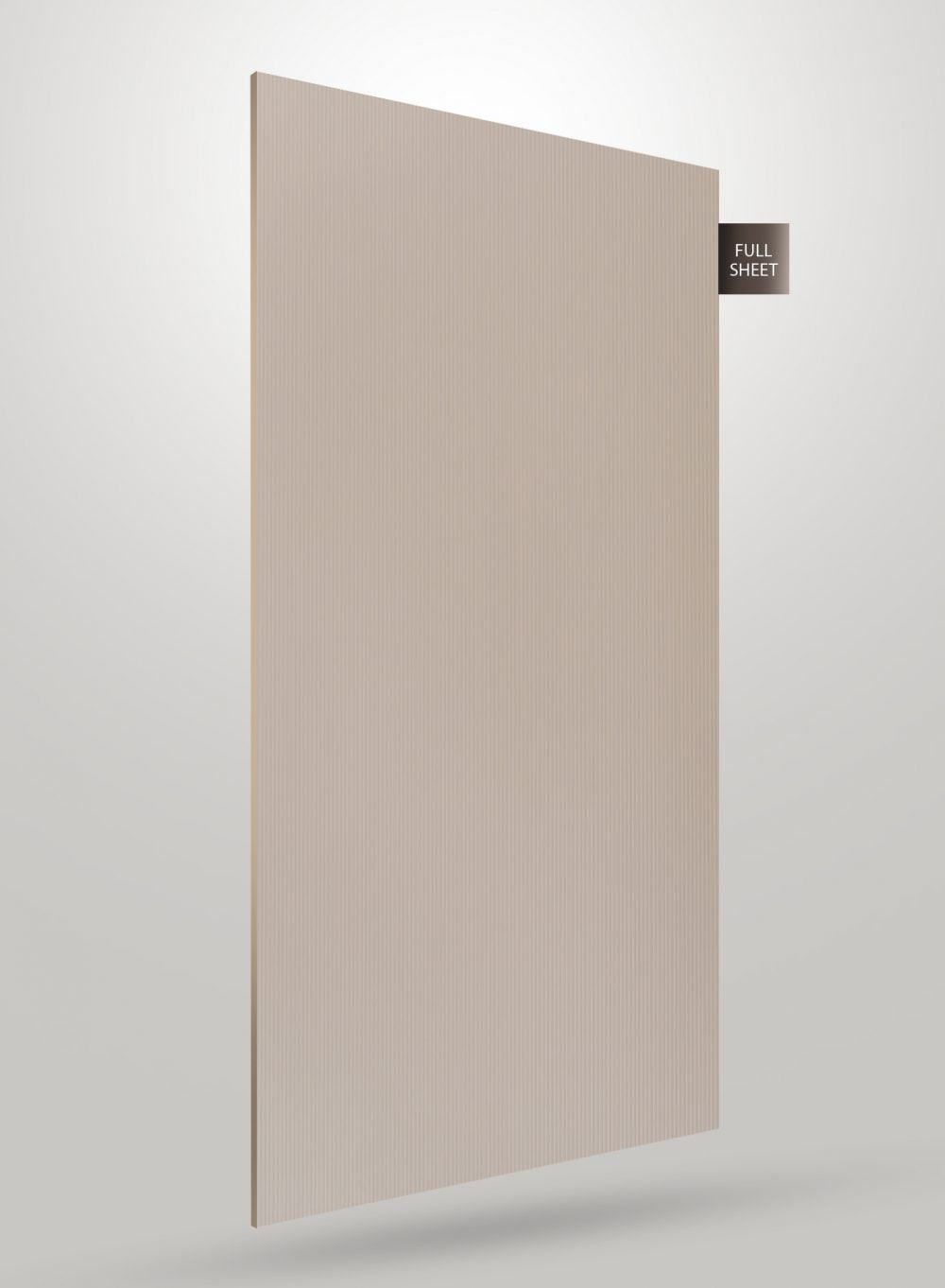 Beige matte fluted laminate sheet with vertical ridges and smooth finish, displayed at an angle on a white background.