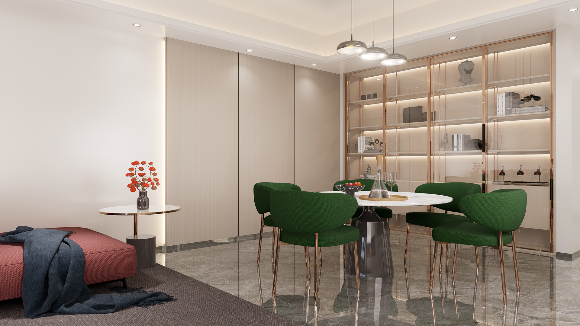 Beige fluted laminate wall panels with matte finish in modern dining room interior with green chairs and decorative shelves