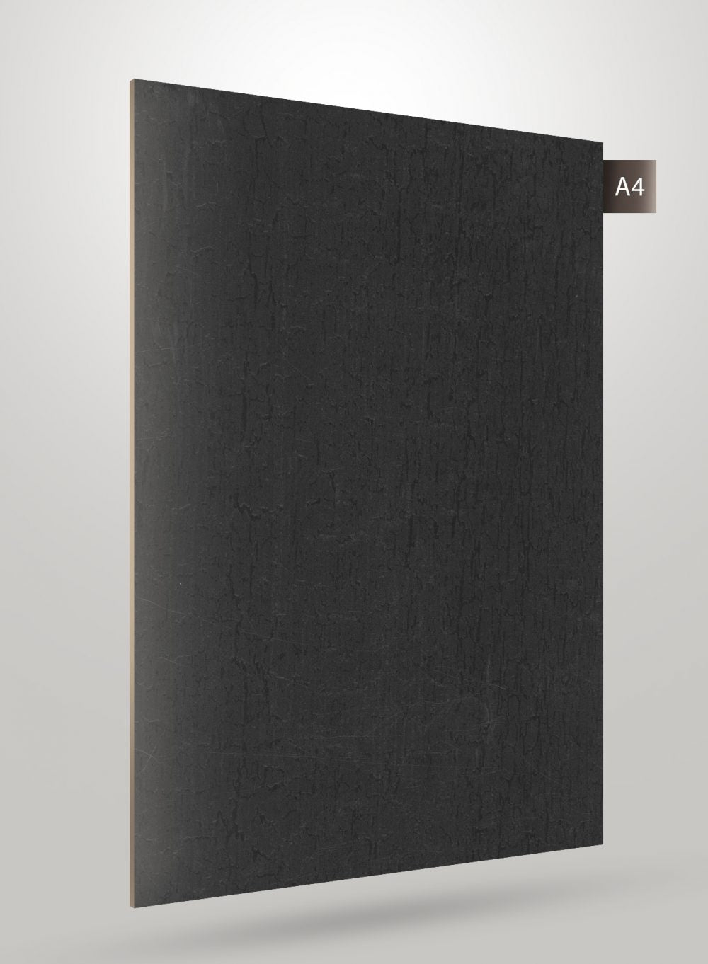 Grey wood laminate sheet with matte finish and wood grain texture, labelled A4, displayed against a neutral background.
