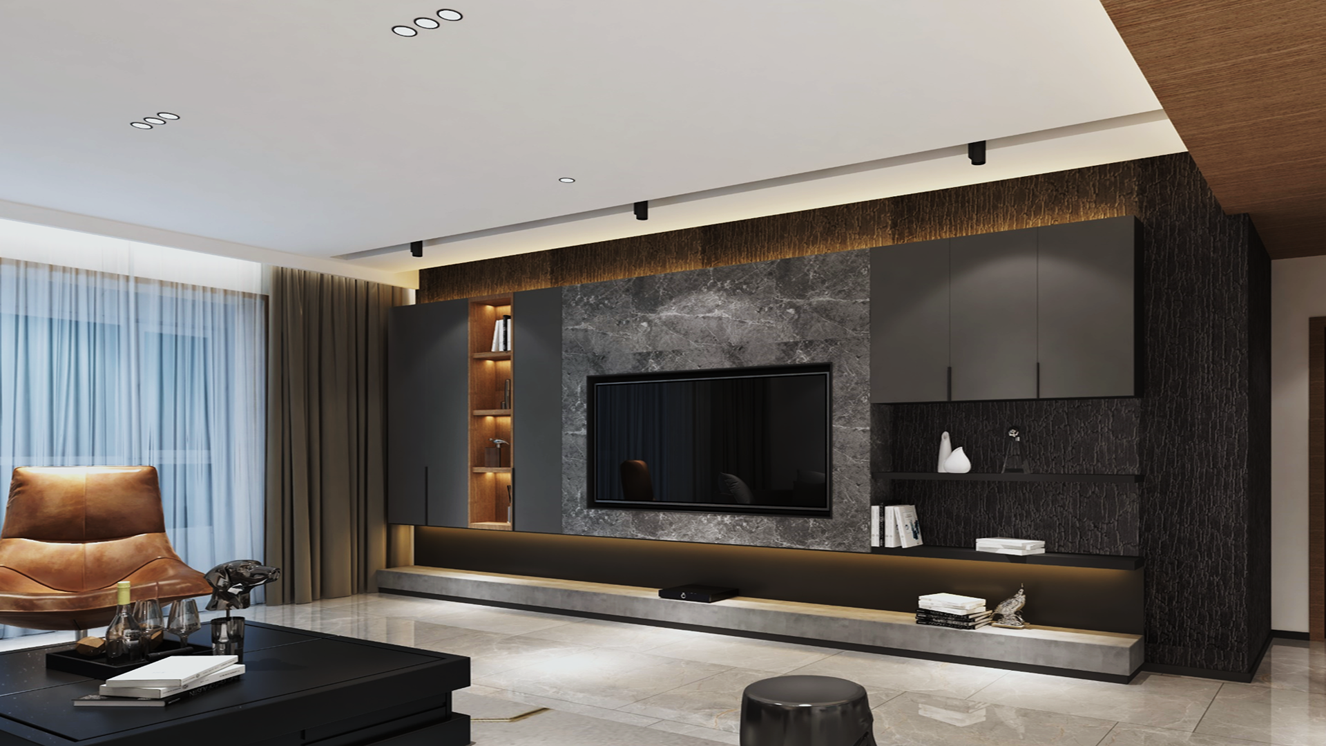Grey wood laminate wall with matte finish and wood grain texture in modern living room interior design setting