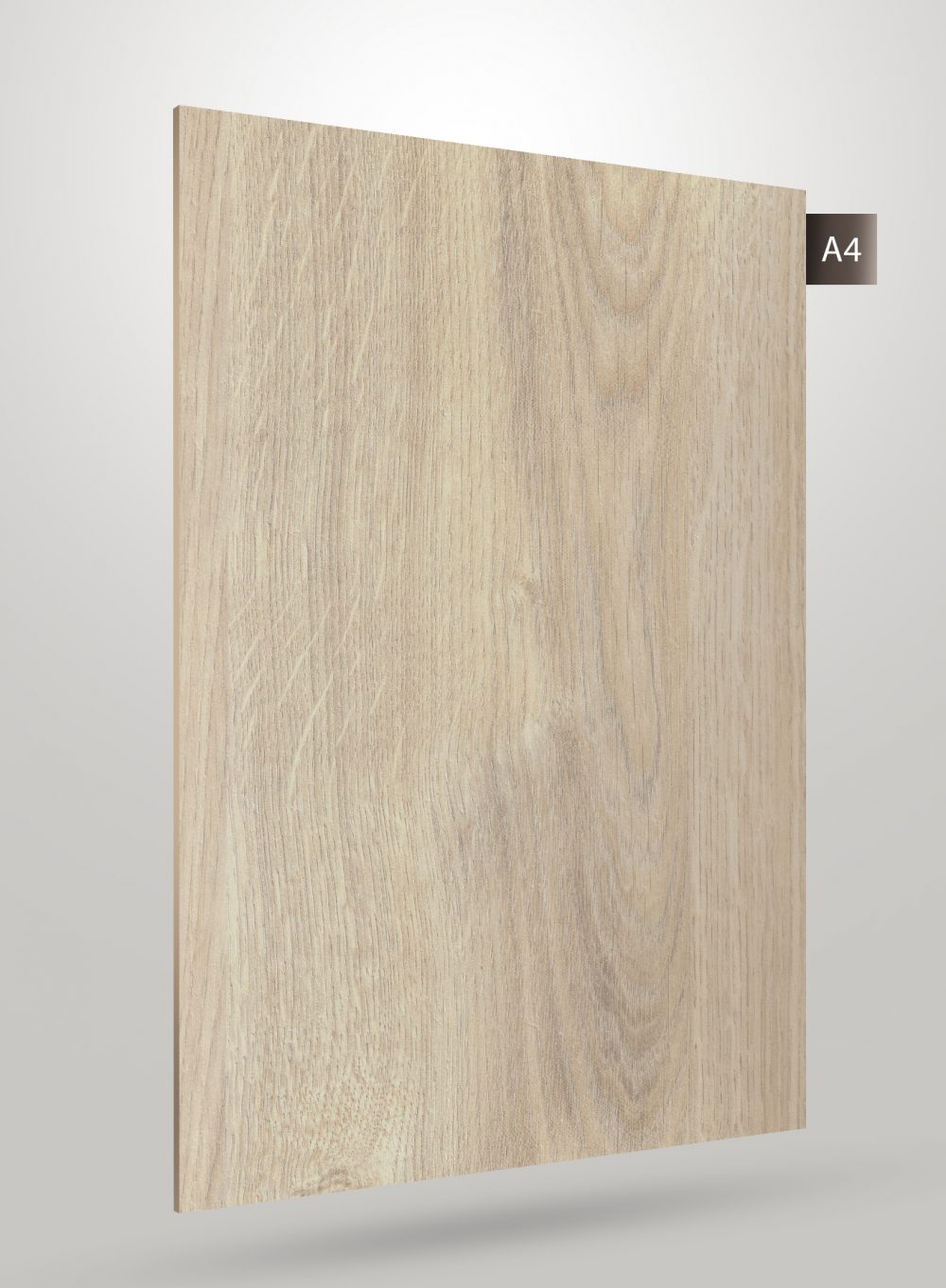 Beige wood grain decorative laminate with matte finish and visible wood texture and grain pattern on a square sheet.