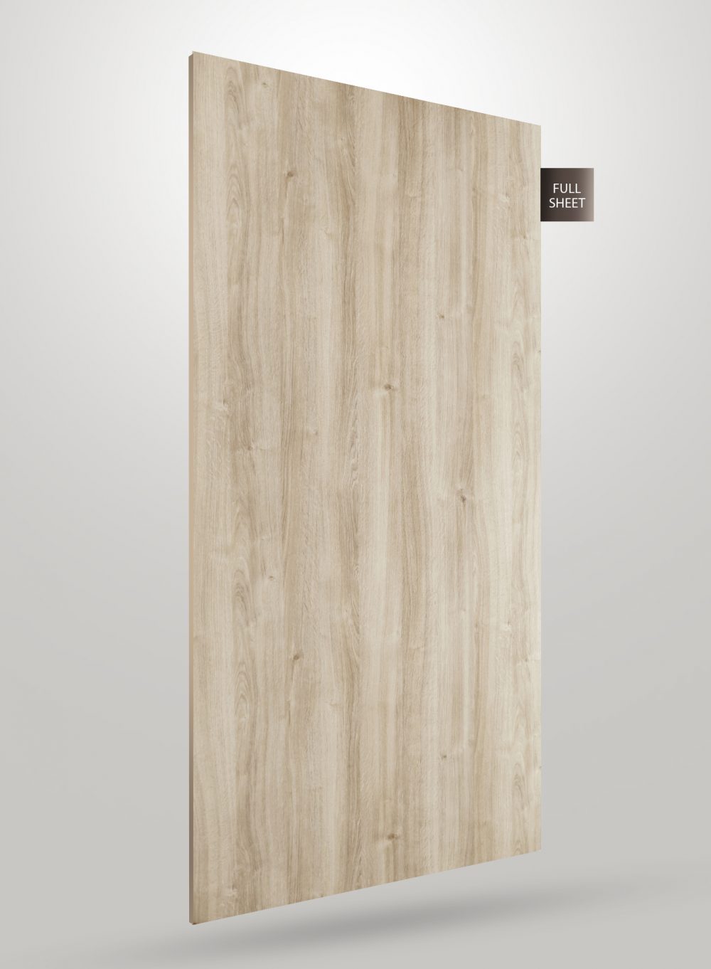 Beige wood grain decorative laminate with matte finish and visible wood texture, shown as a full sheet.