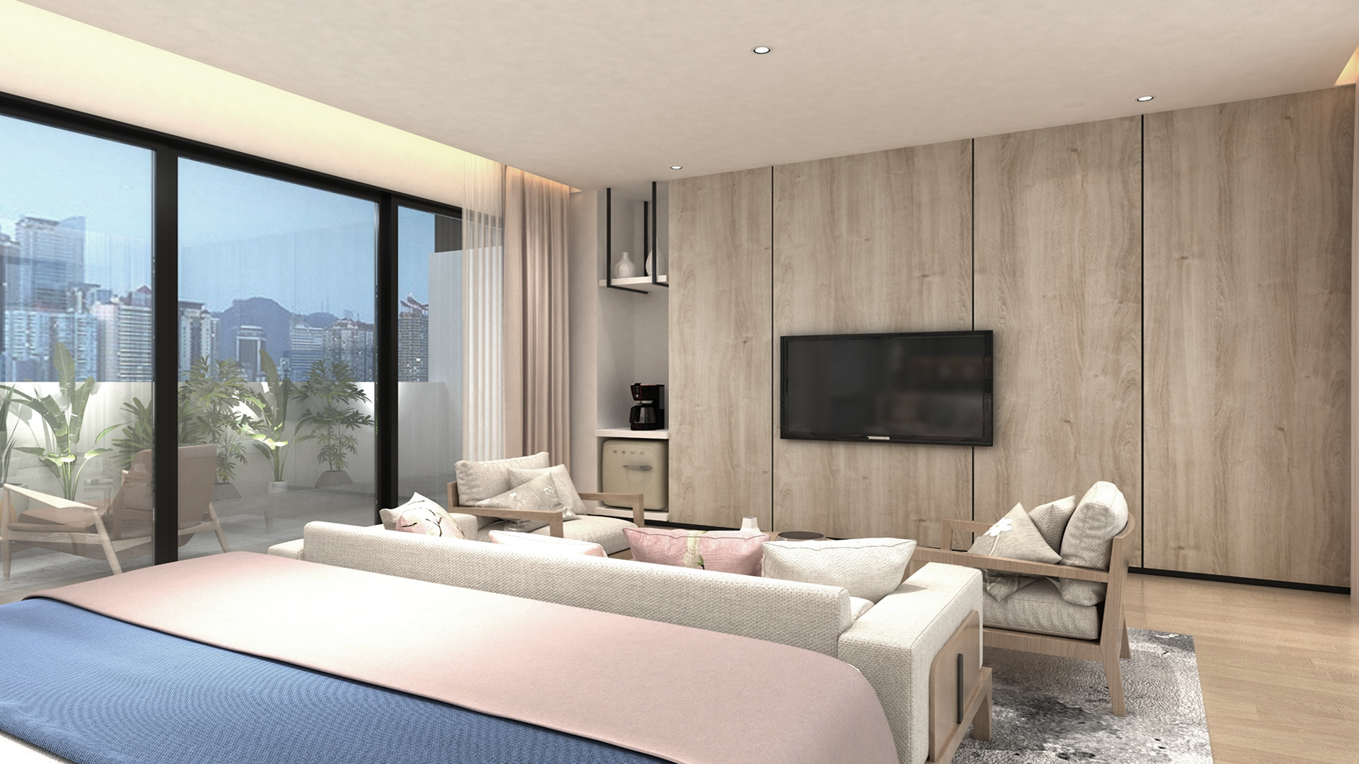 Beige wood laminate wall panels with matte finish in modern bedroom interior with furniture and city view outside window