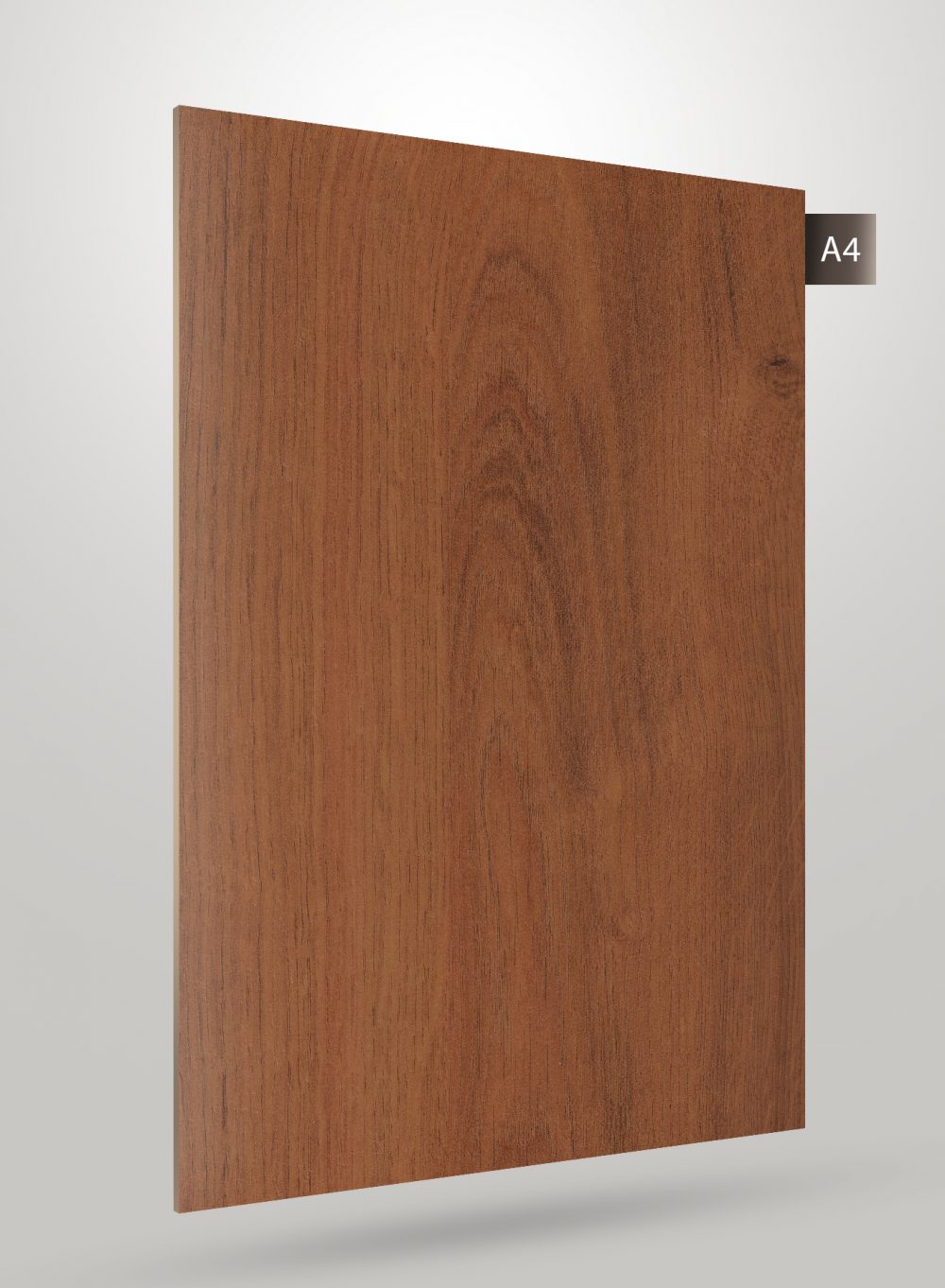 Brown wood grain decorative laminate with matte finish and visible wood texture and pattern.