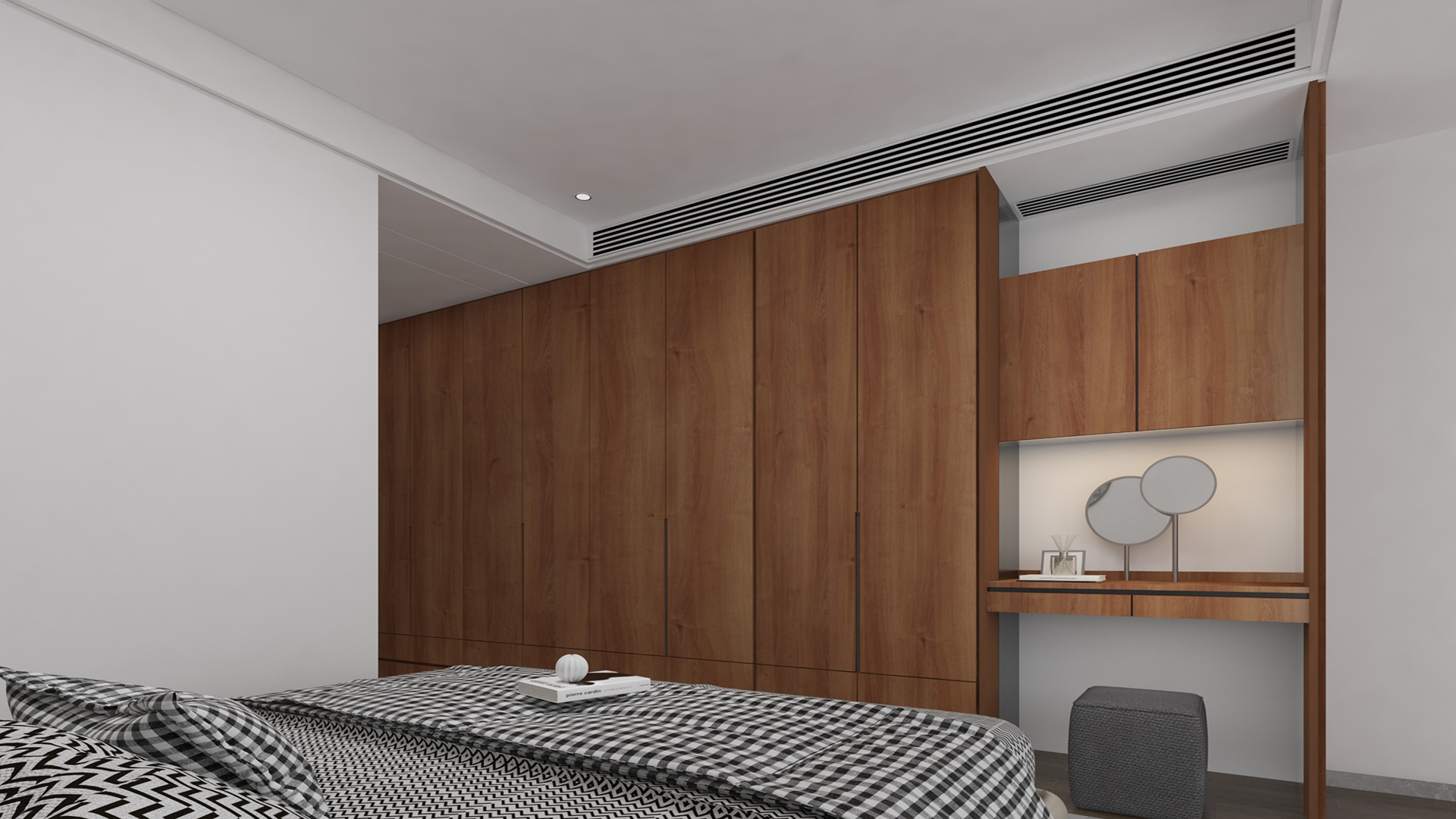 Brown wood laminate wall with matte finish and wood grain texture in a modern bedroom setting with minimalist decor