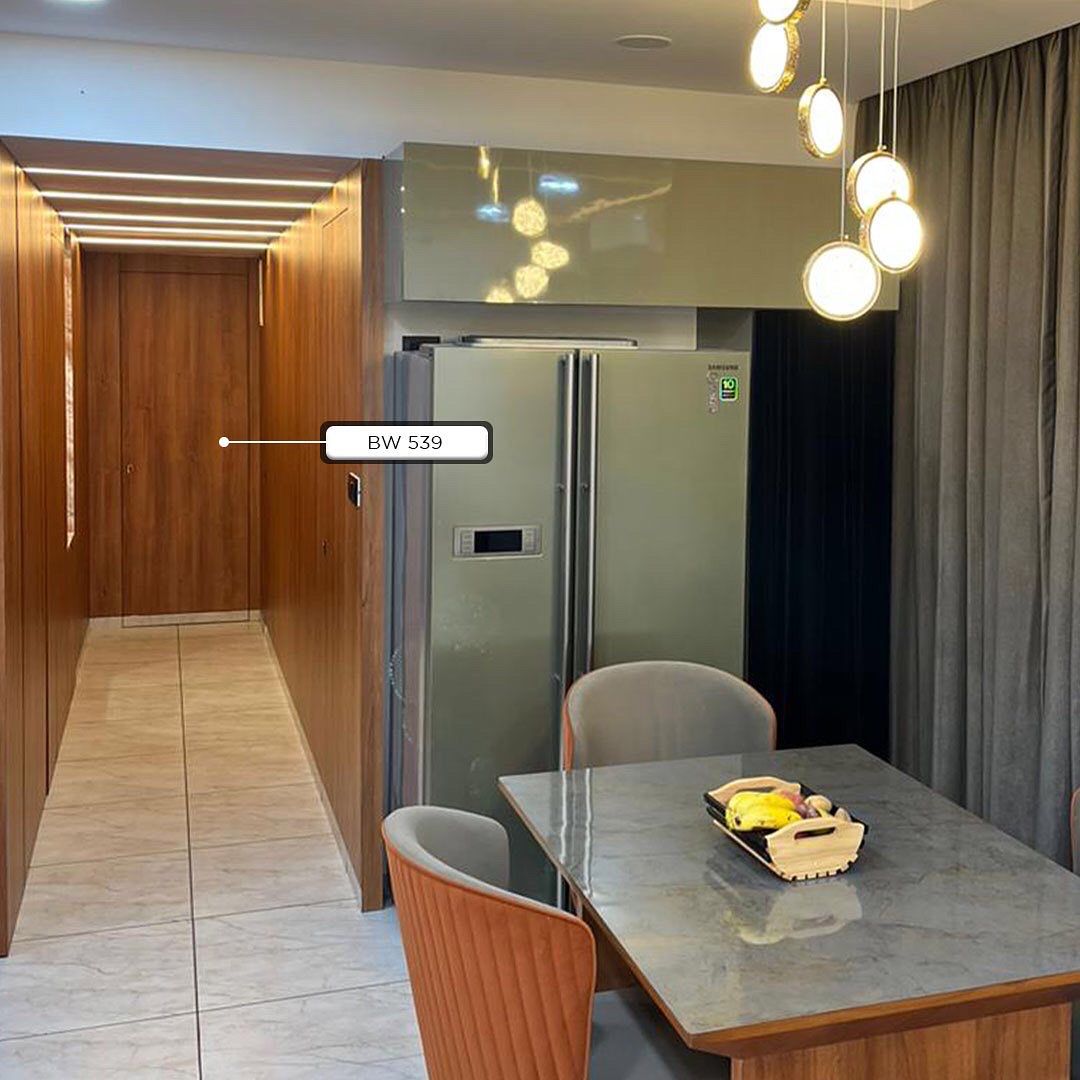 Brown wood laminate interior with matte finish and wood grain texture used on wall panels and table base