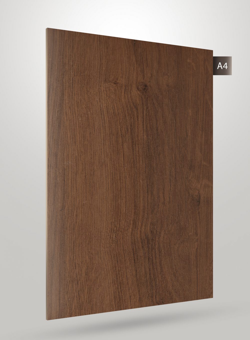 Brown wood laminate with matte finish and wood grain texture, decorative laminate sheet for interior use.