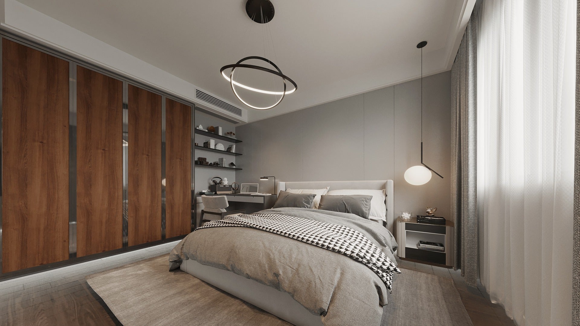 Brown wood laminate closet doors with matte finish and wood grain texture in a modern bedroom setting