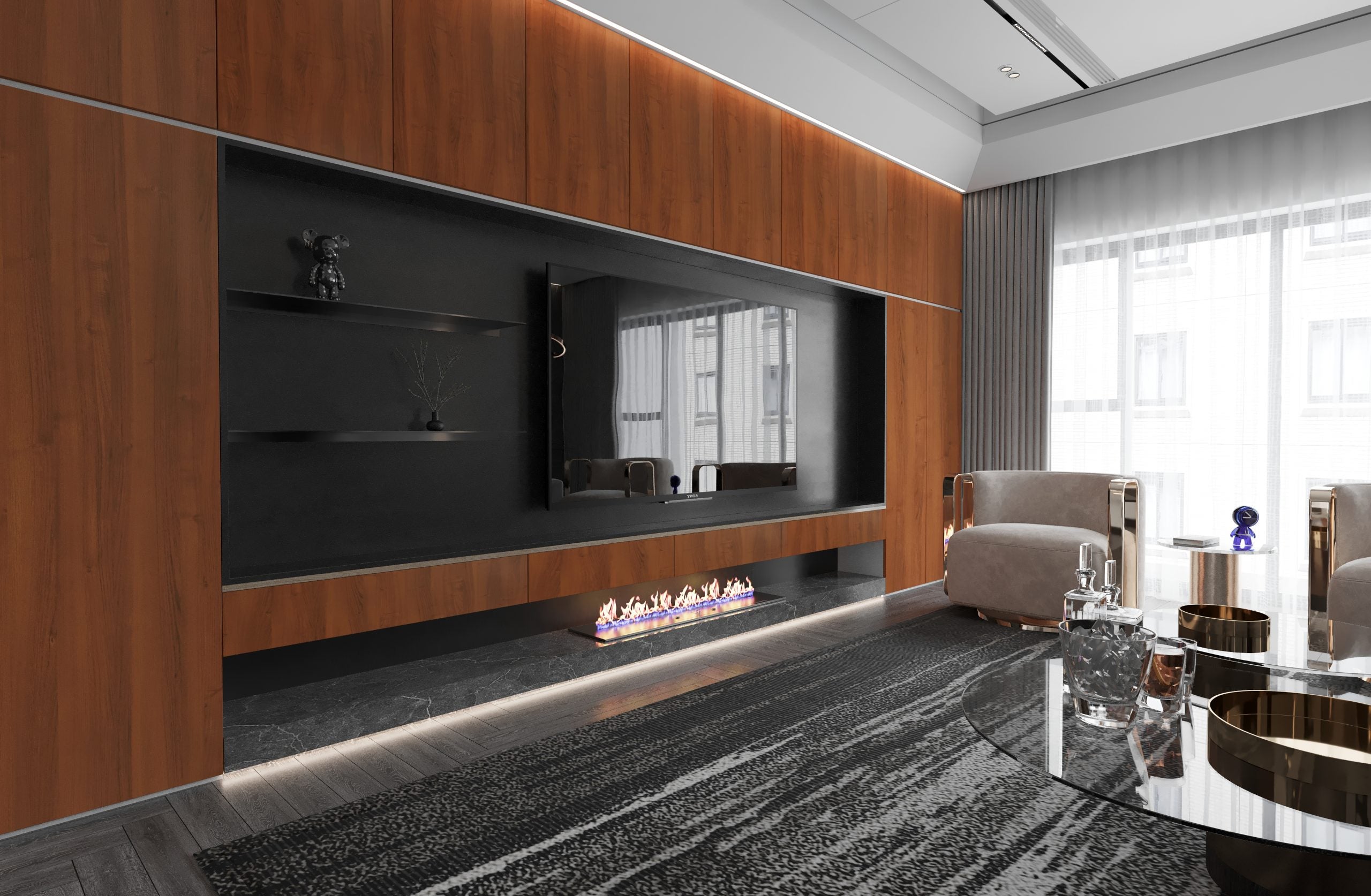 Wood grain laminate wall panels with matte finish in modern living room interior design setting with minimalist decor.
