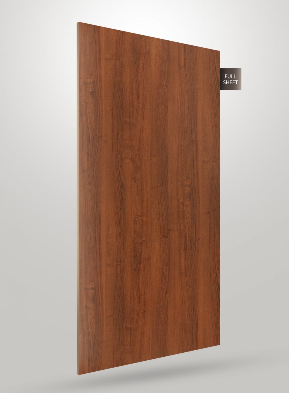Brown wood grain laminate sheet with matte finish and visible texture, labeled full sheet.