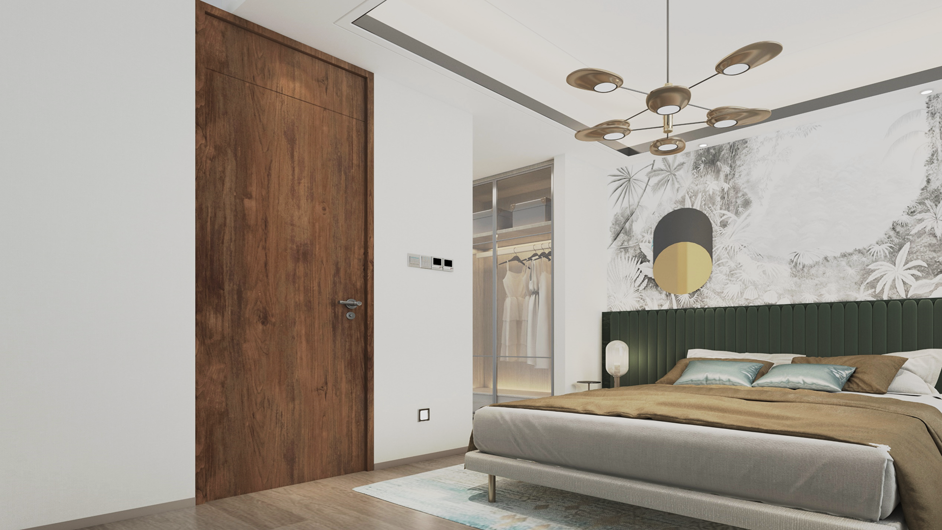 Brown wood grain laminate door with matte finish in a modern bedroom setting with minimalist decor and natural tones.