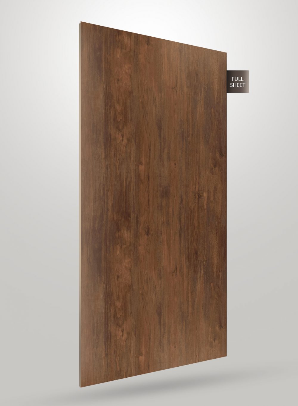 Brown wood grain decorative laminate sheet with matte finish and visible texture, labeled full sheet.
