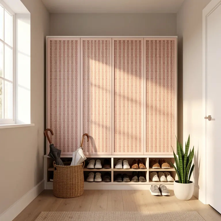 Pink laminate with geometric pattern and vertical texture on a white background.