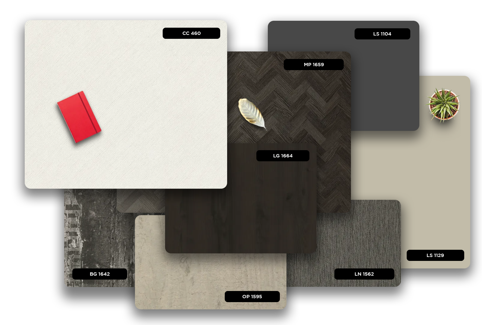 Multi-colored laminate samples with various textures and patterns, including matte and herringbone finishes, displayed