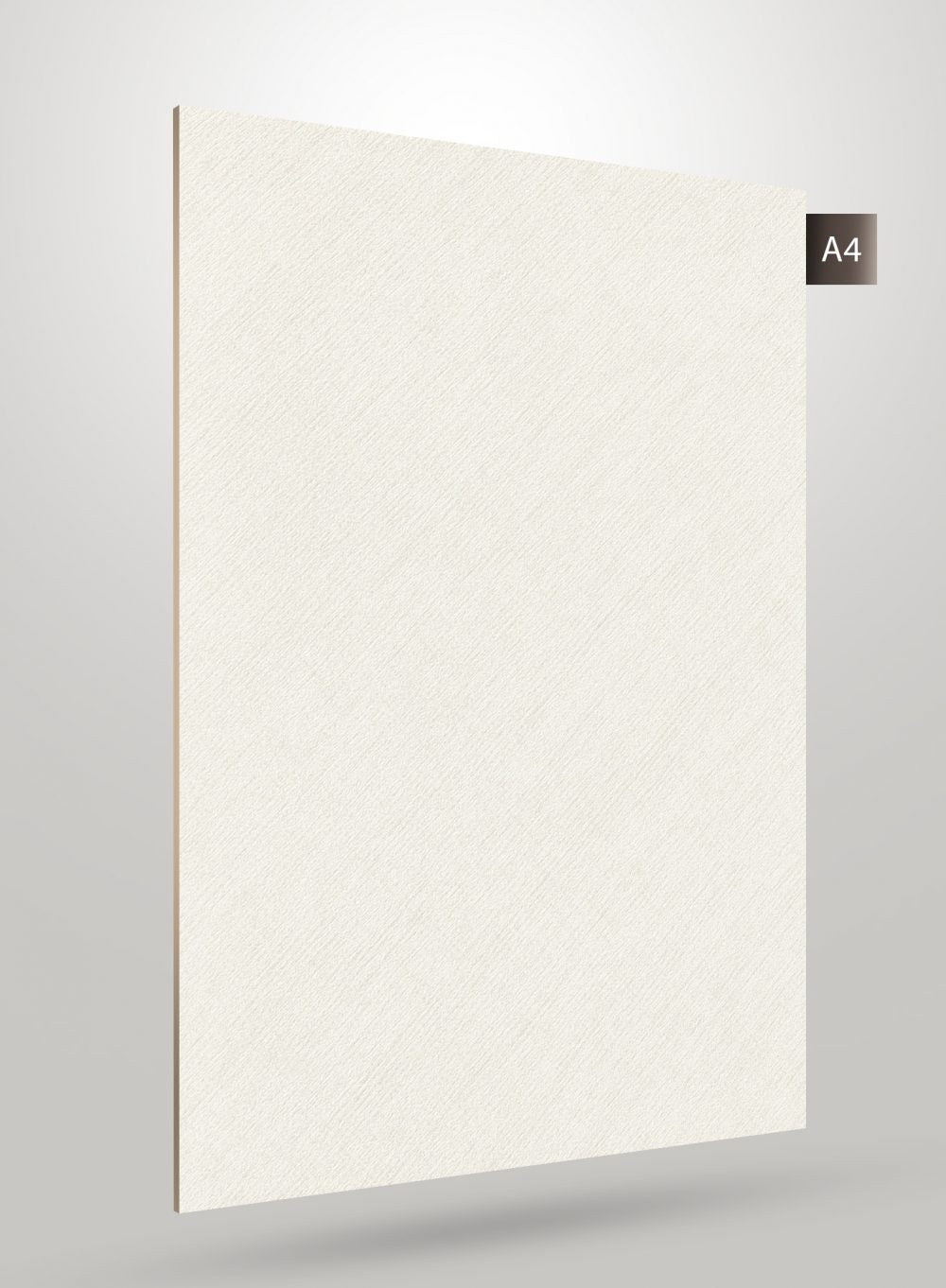 Matte white solid colour laminate with textured diagonal grain pattern and beige edge on grey background