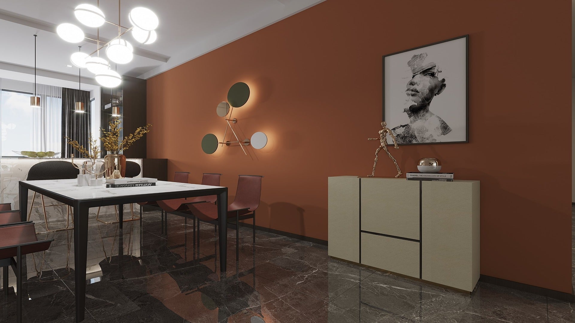 Brown laminate sideboard and black marble floor in modern dining room with brown wall and decorative lighting fixtures