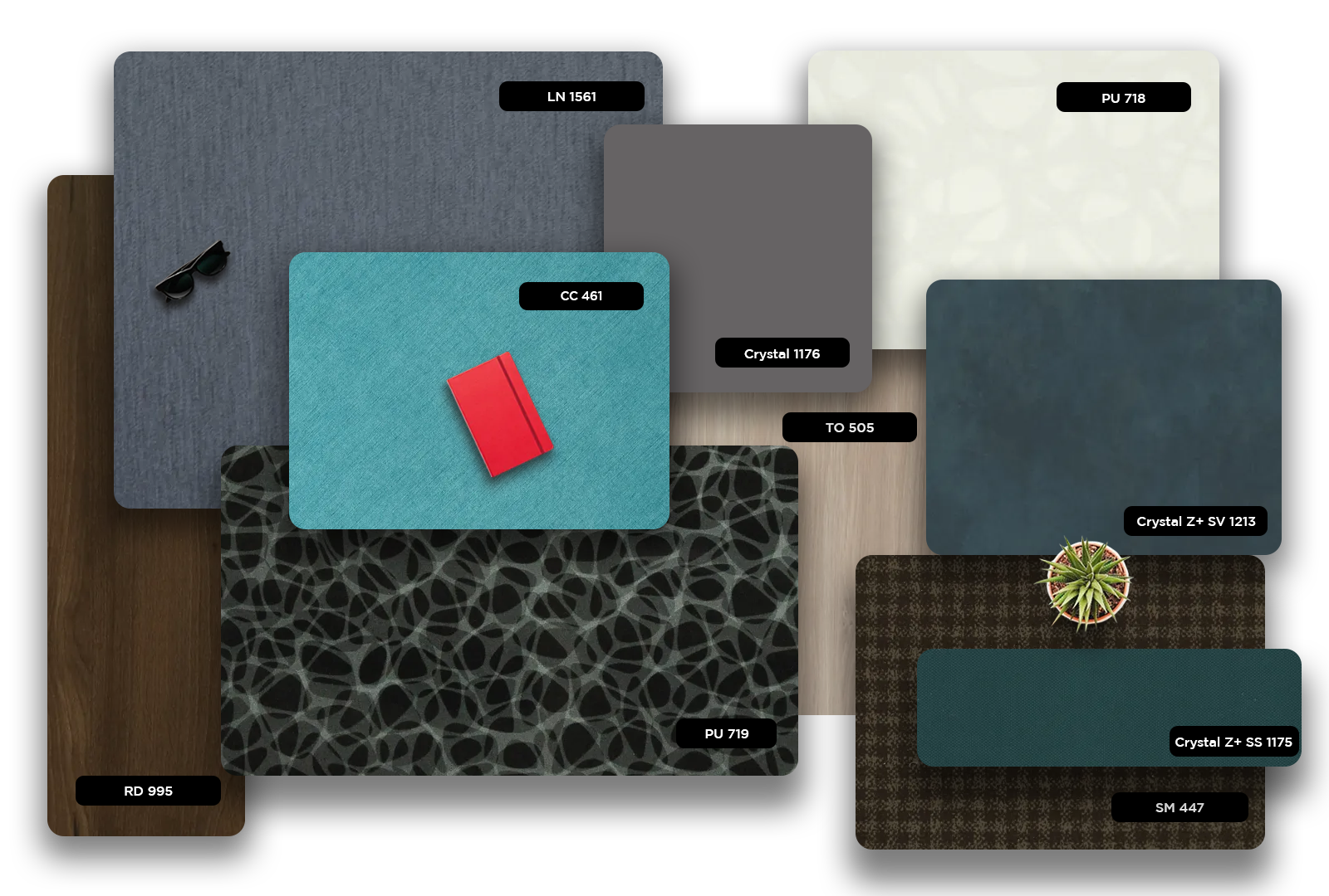 Multi-colored patterned laminate with matte finish and abstract design, showcasing various texture samples with decorative