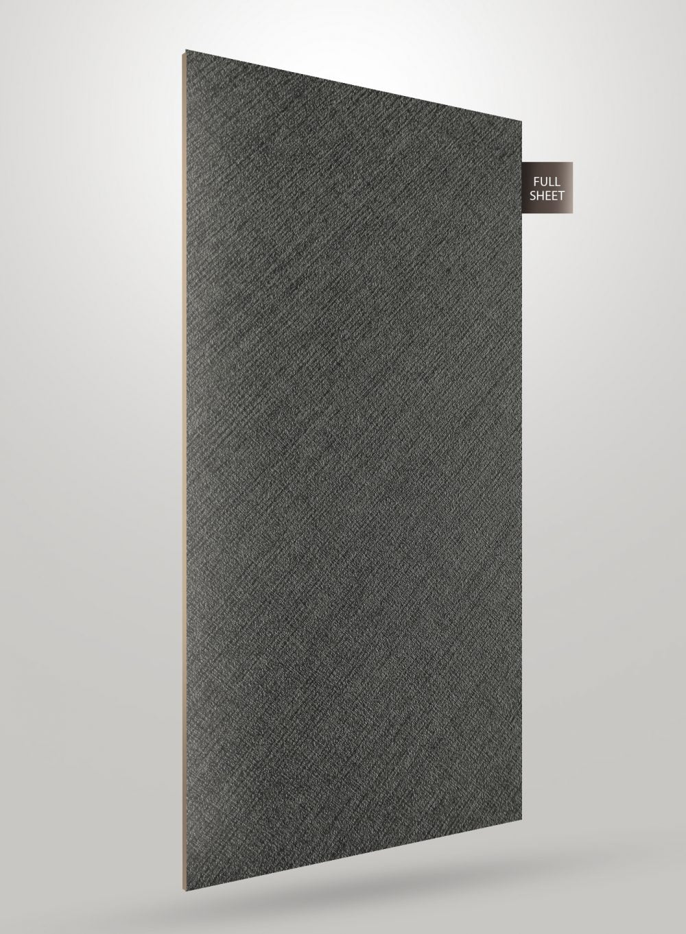 Dark grey patterned laminate sheet with diagonal texture and matte finish displayed upright with full sheet label.