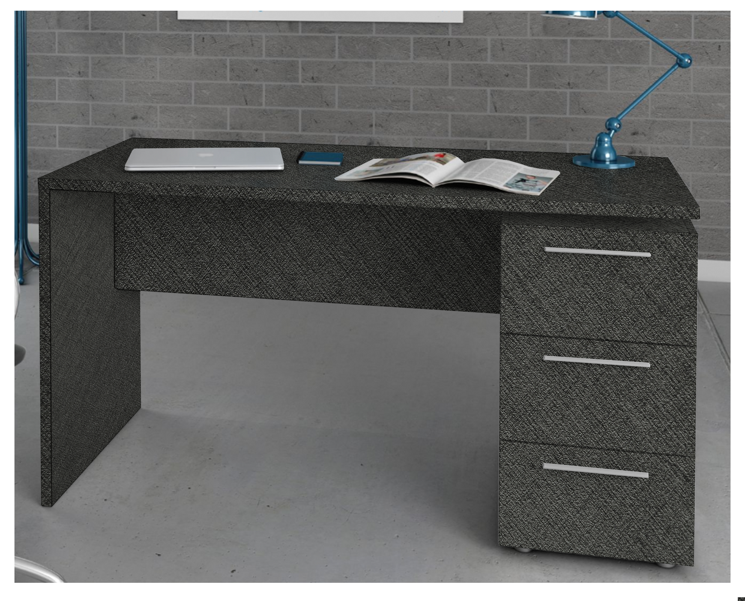 Dark grey textured laminate desk with matte finish and diagonal pattern, used as furniture surface in a modern setting.