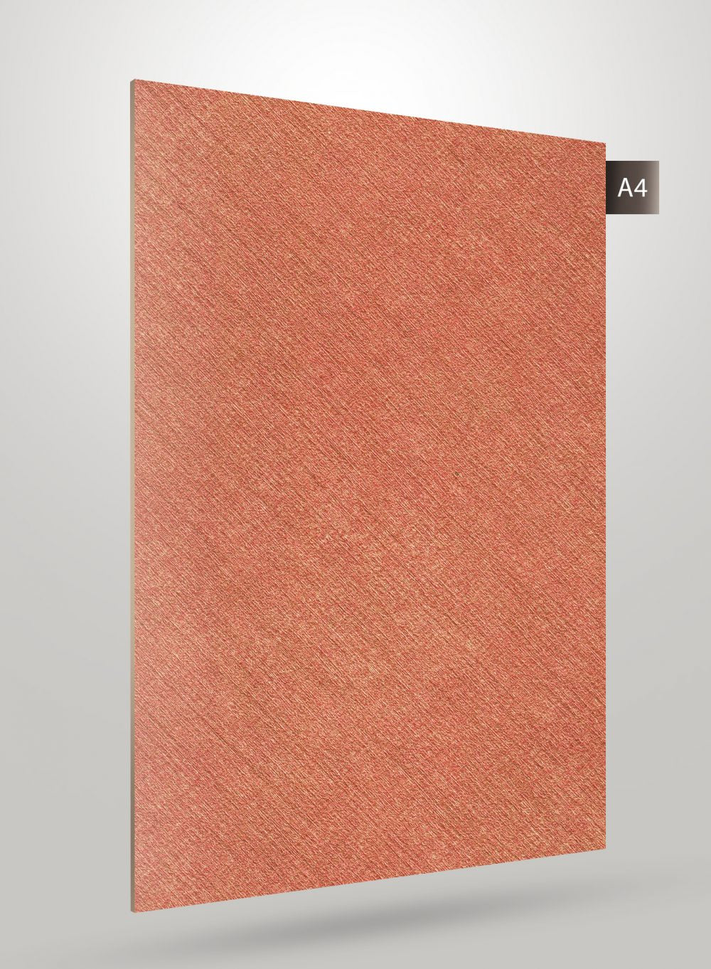 Red decorative laminate with high gloss finish and textured surface, showing diagonal grain pattern and subtle sheen.
