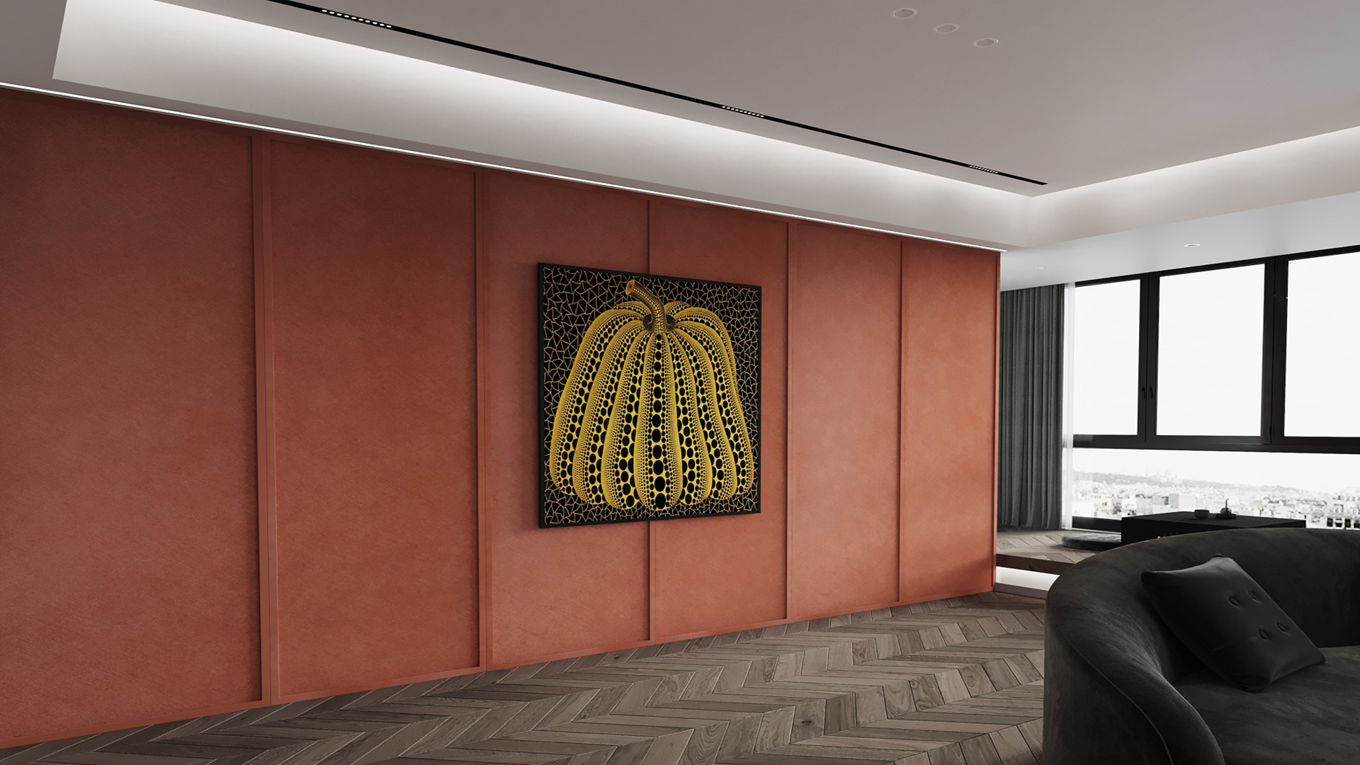 Red high gloss laminate wall panels with smooth finish in a modern room with artwork and city view outside