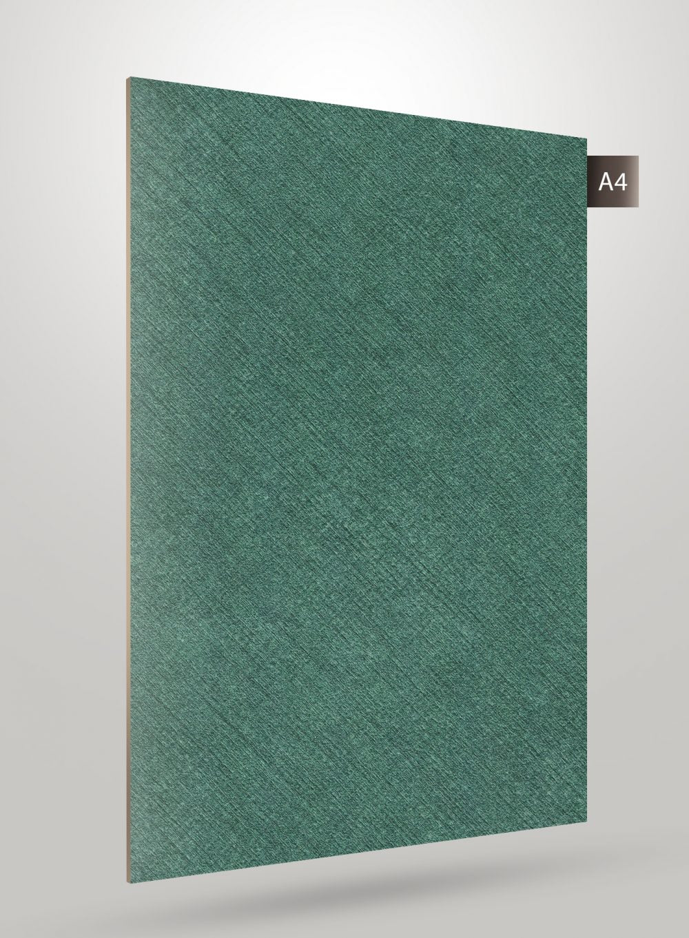Green solid colour laminate with diagonal texture and high gloss finish, decorative sheet sample labelled A4.