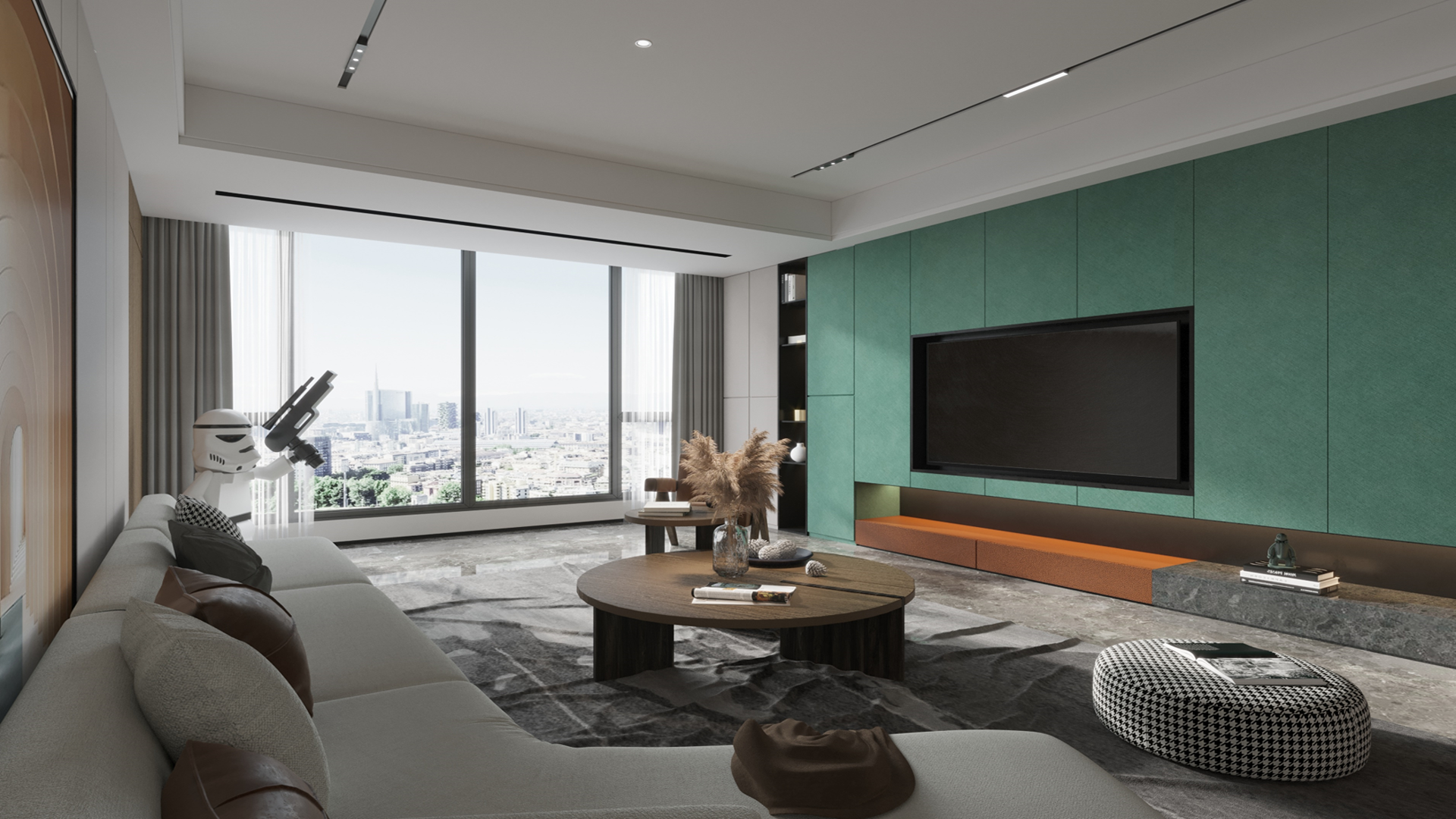 Green solid colour laminate wall panel with glossy finish in modern living room interior with TV and furniture setup