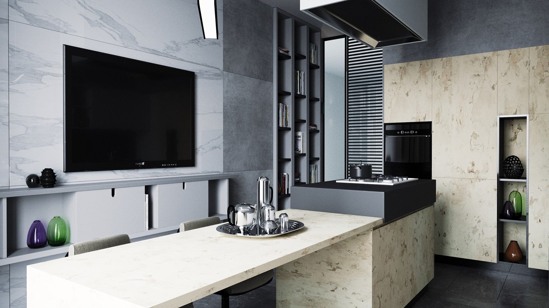 Multi-colored patterned laminate with matte finish used on kitchen counter and wall in modern interior design setting.
