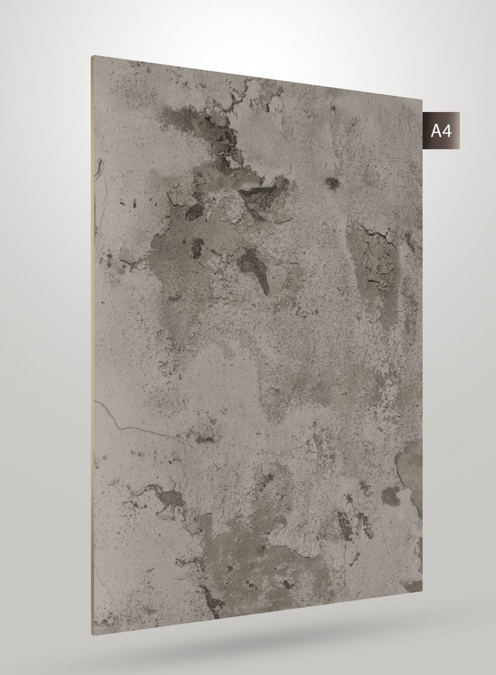 Grey stone laminate with matte finish and textured pattern, showing cracks and speckles on its surface.