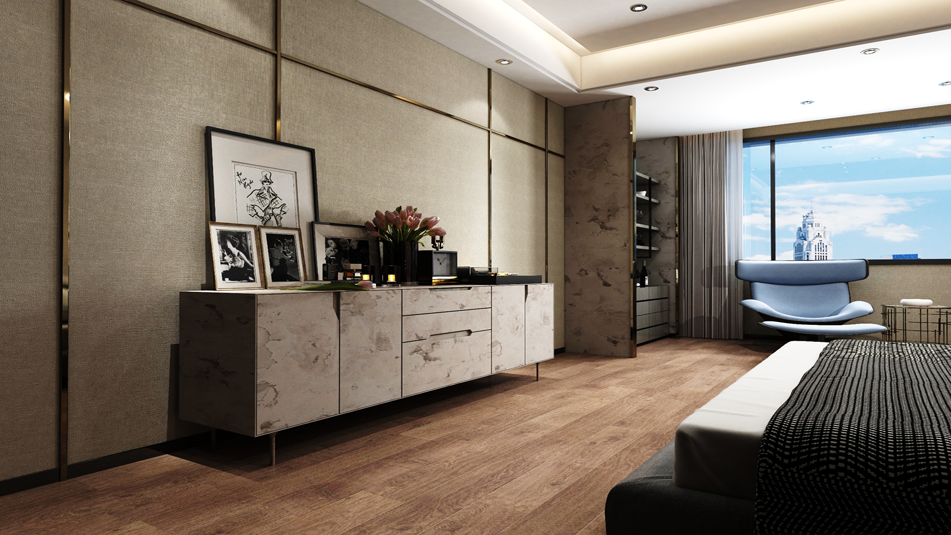 Marble laminate sideboard and wall panels in modern bedroom with textured beige wall covering and minimalist decor.